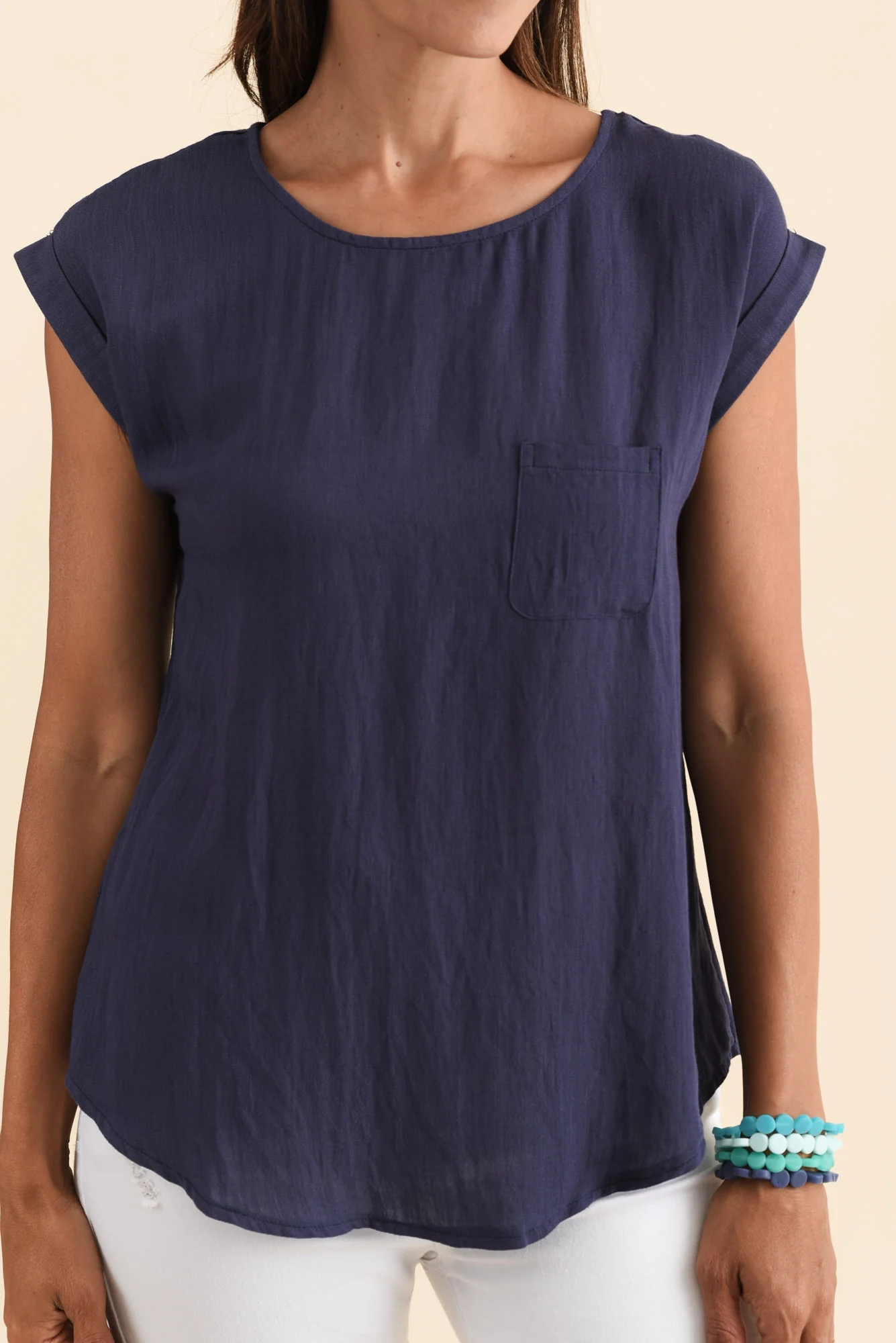 Aiden Navy Linen Blend Pocket Top - Image 5