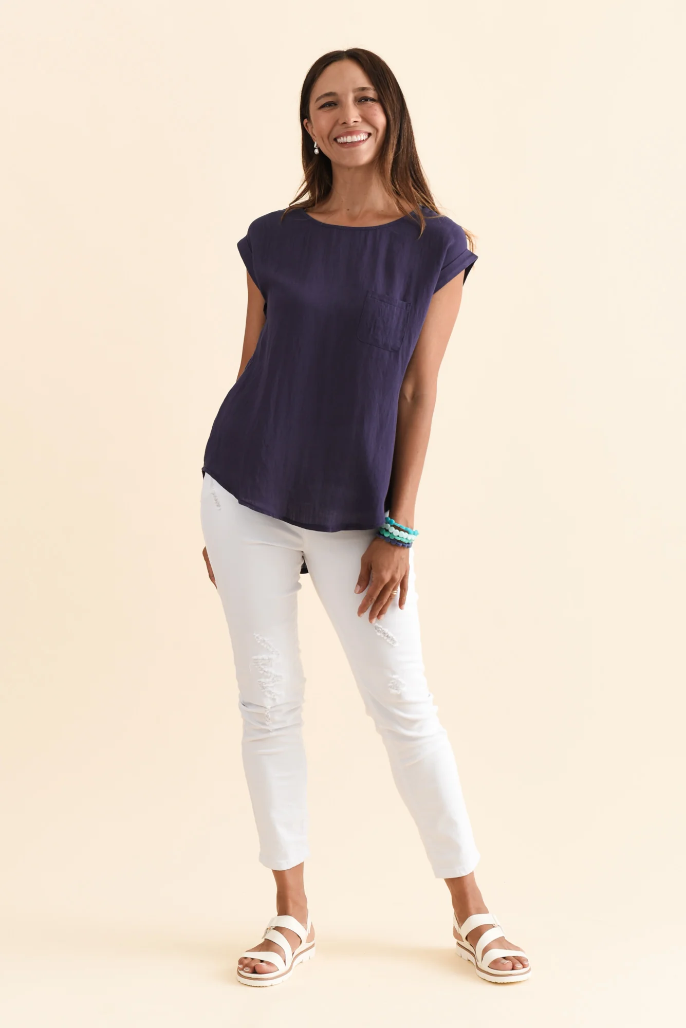 Aiden Navy Linen Blend Pocket Top - Image 6