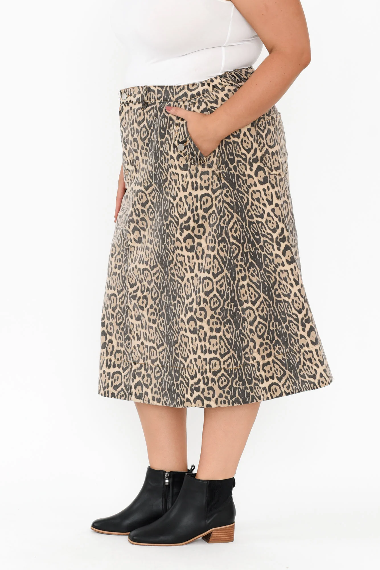 Astra Brown Leopard Denim Midi Skirt - Image 10