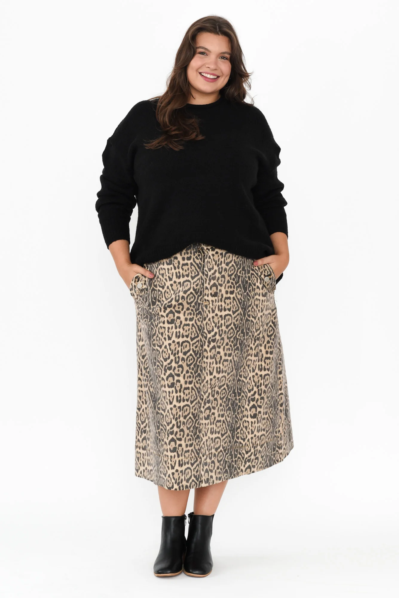 Astra Brown Leopard Denim Midi Skirt - Image 12