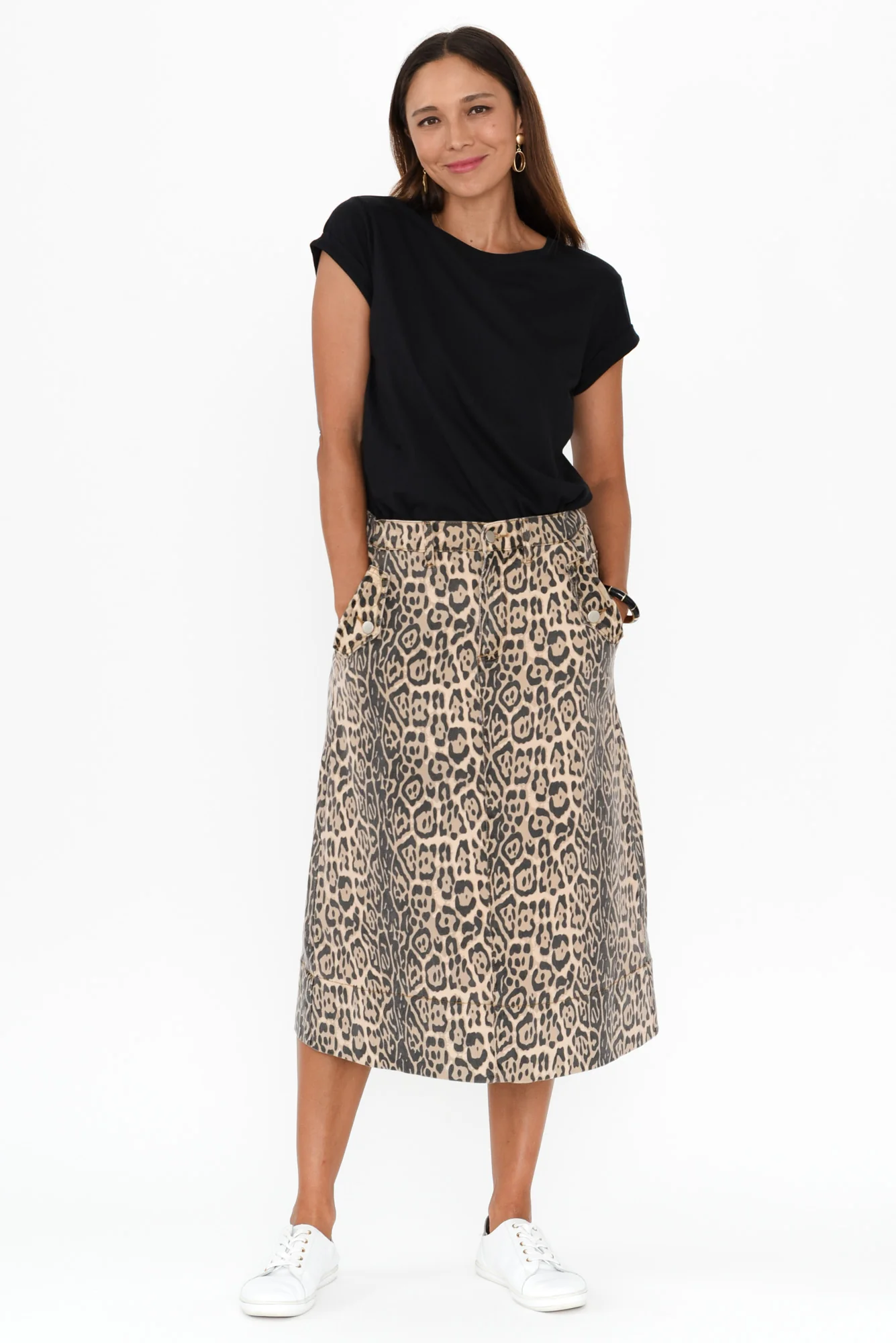 Astra Brown Leopard Denim Midi Skirt - Image 7