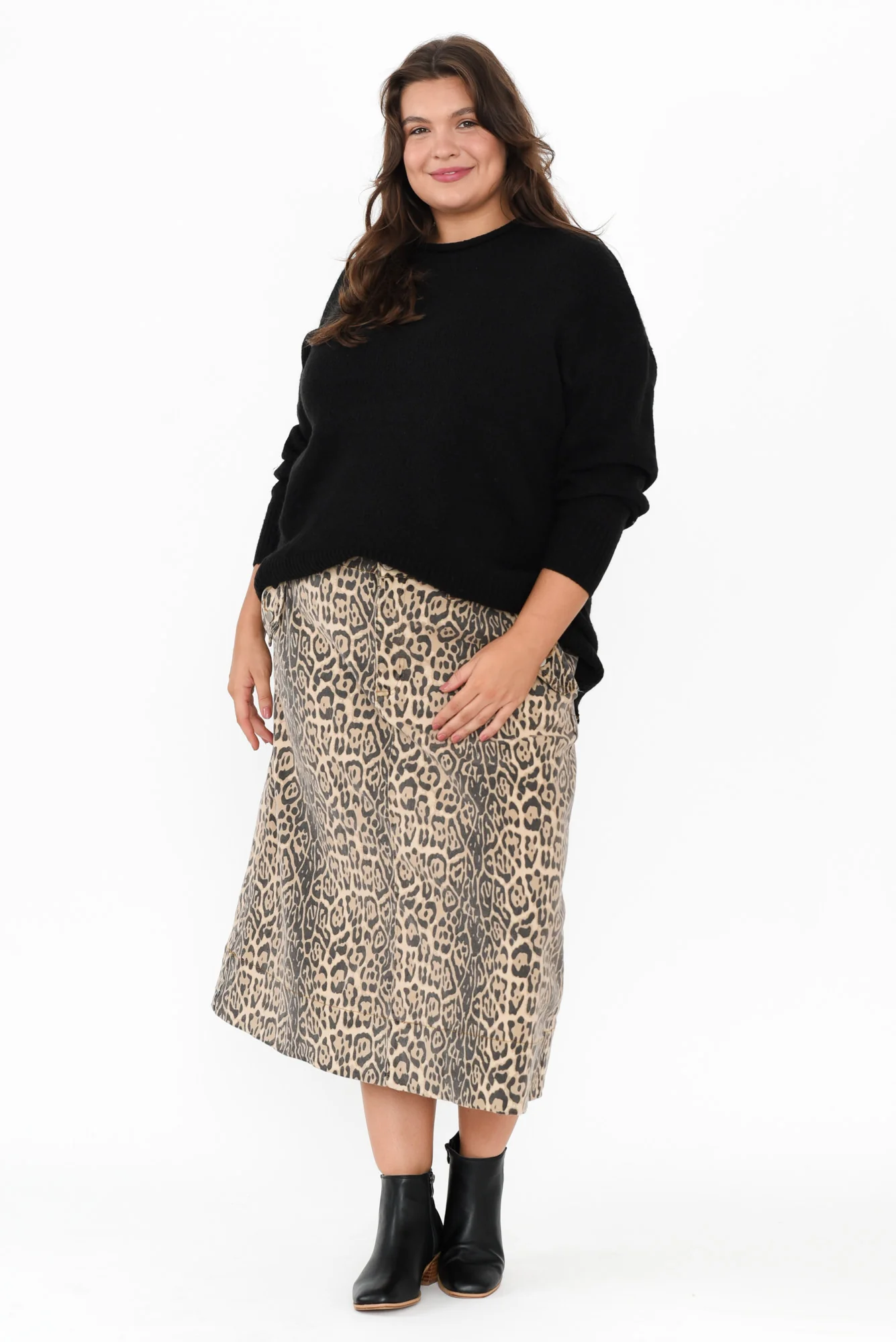 Astra Brown Leopard Denim Midi Skirt - Image 8