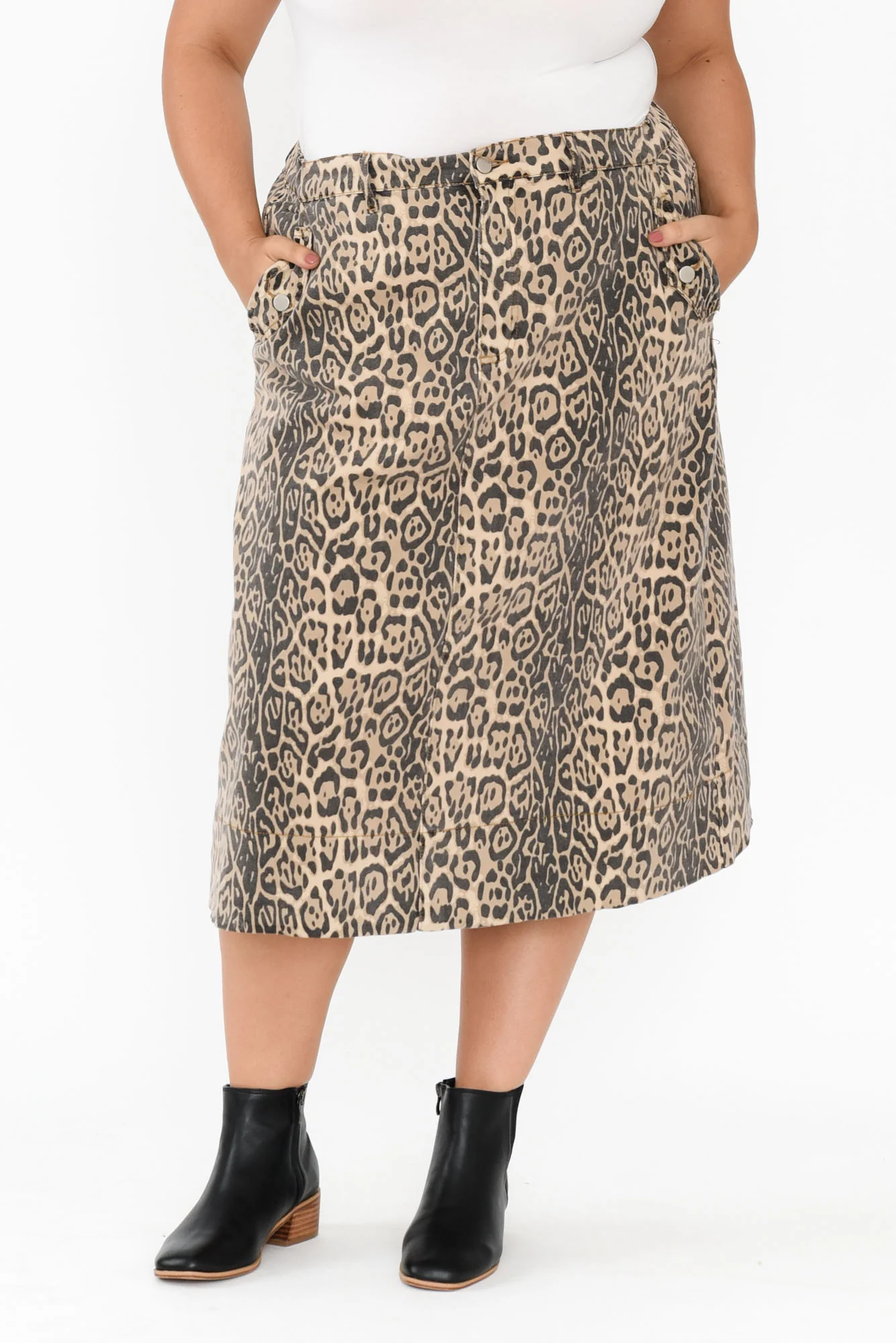 Astra Brown Leopard Denim Midi Skirt - Image 9
