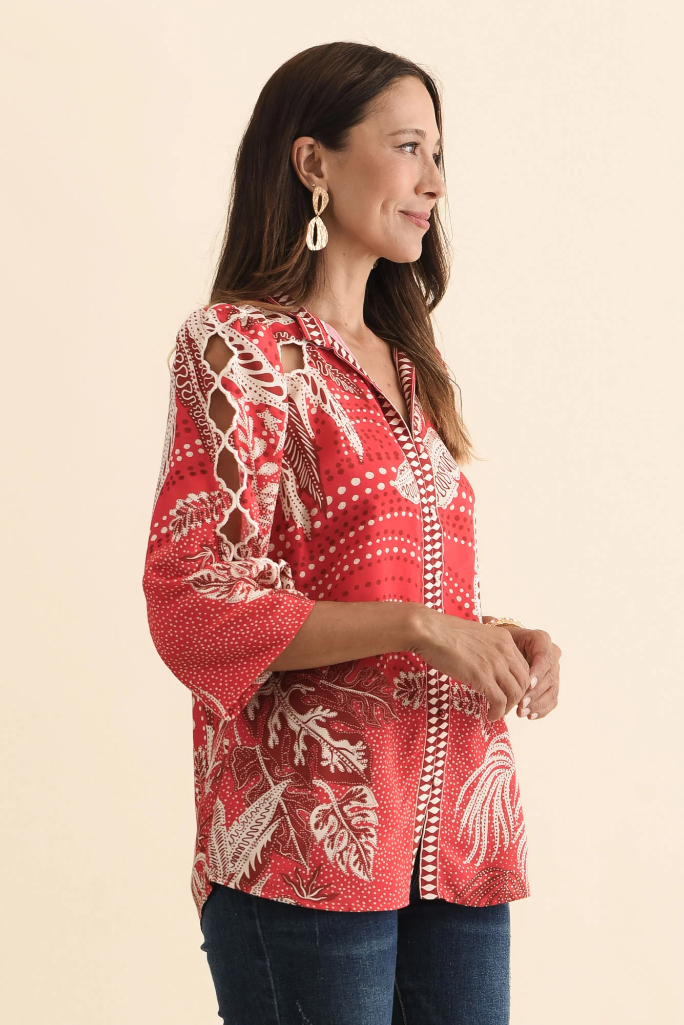Audrey Red Palm Embroidered Blouse - Image 3