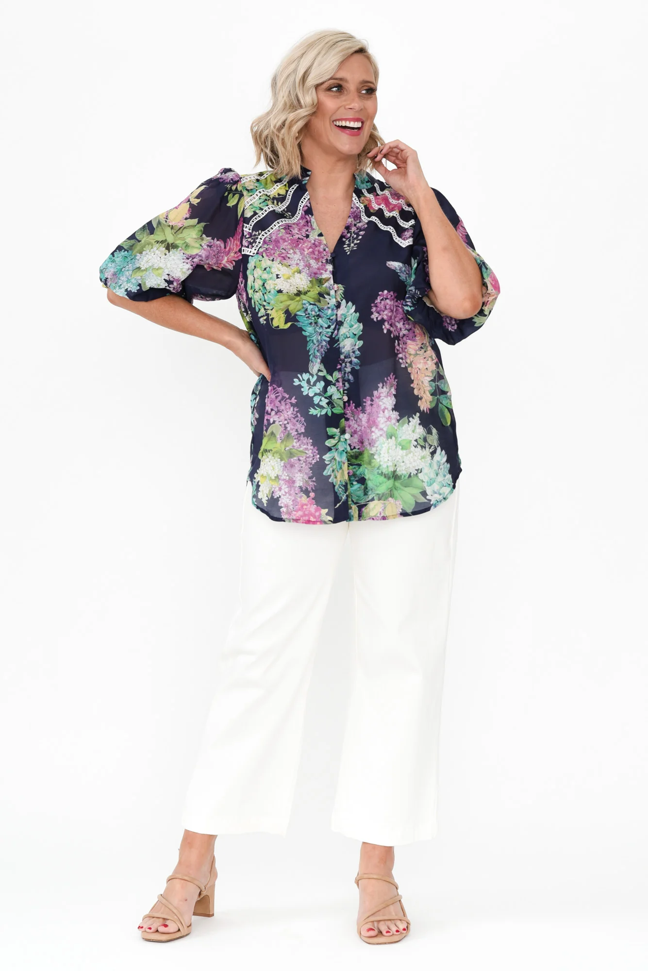 Bahia Navy Wisteria Cotton Silk Top - Image 3