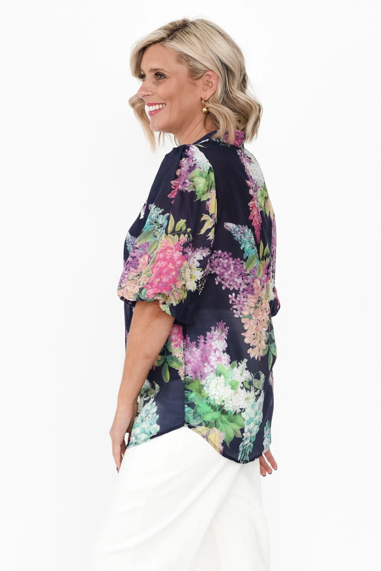 Bahia Navy Wisteria Cotton Silk Top - Image 4