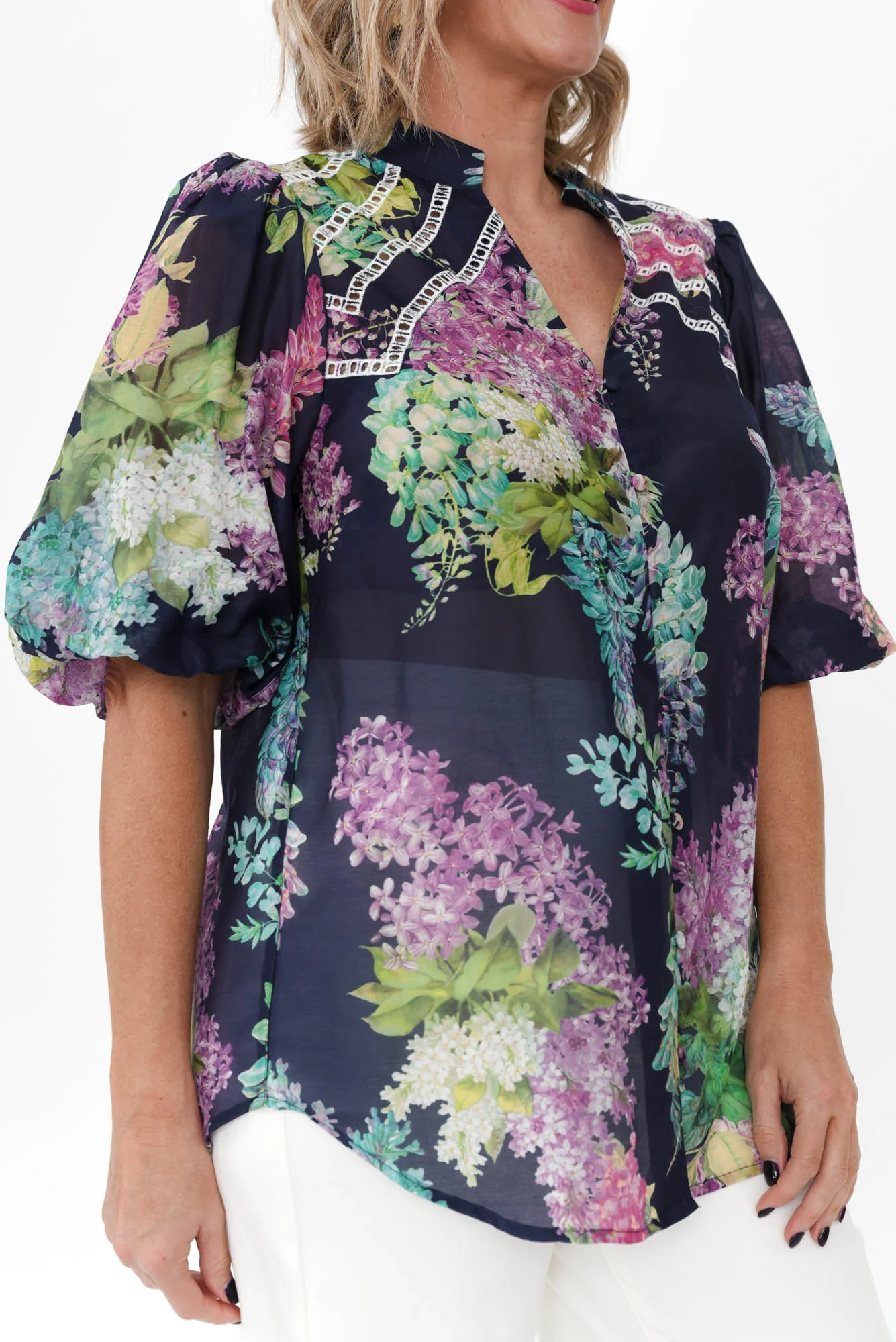 Bahia Navy Wisteria Cotton Silk Top - Image 6