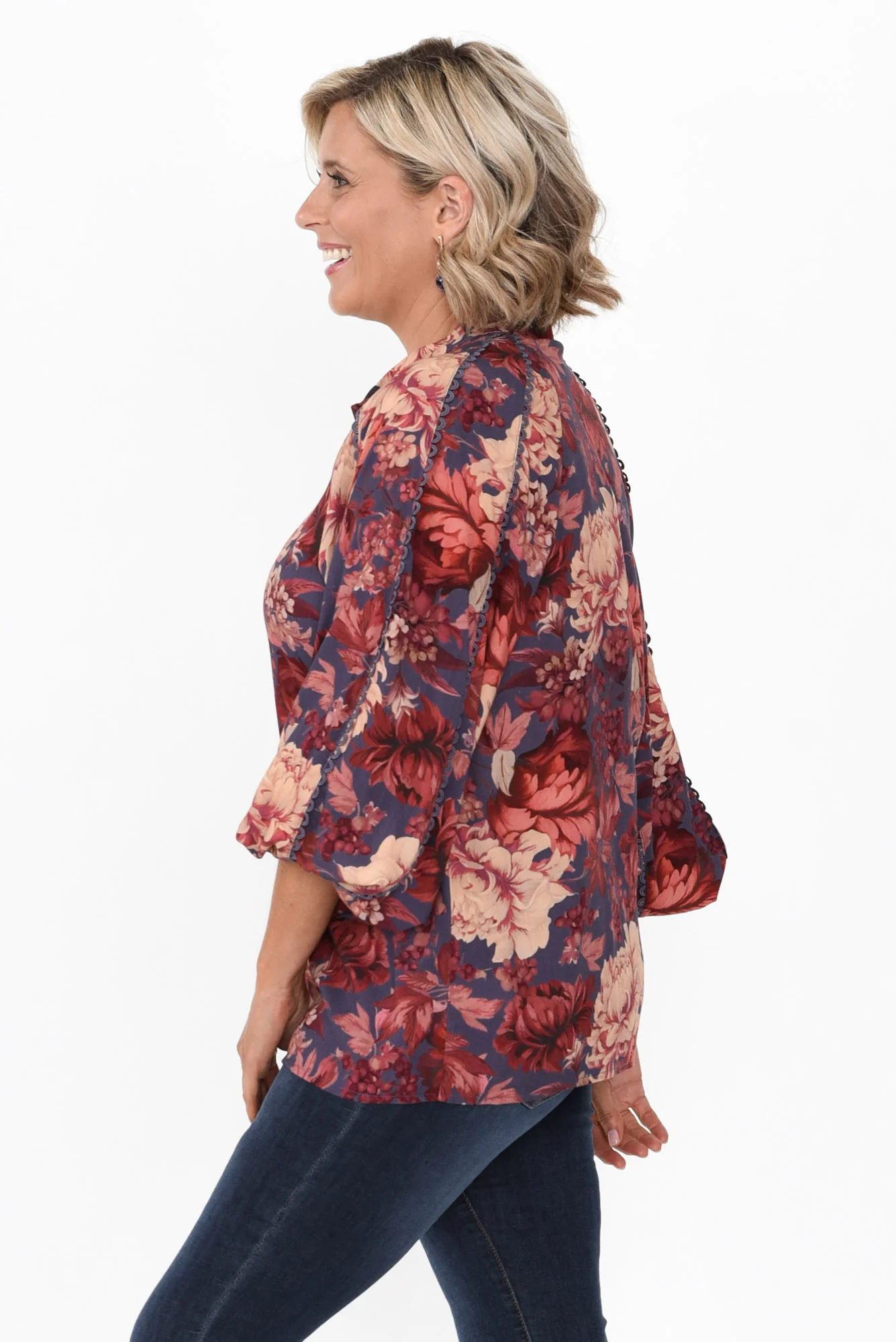 Berry Kiss Red Floral Linen Blend Blouse - Image 4