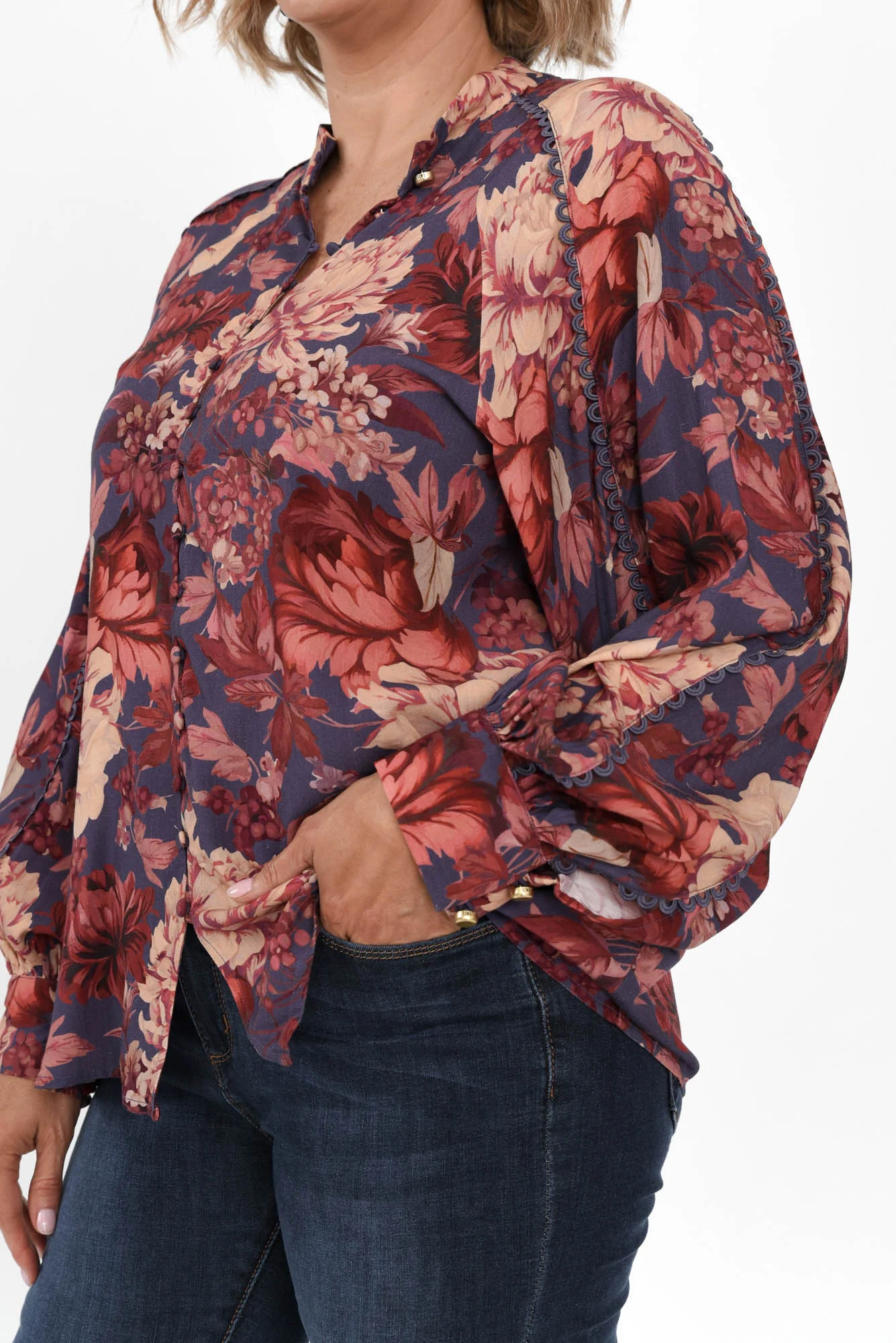 Berry Kiss Red Floral Linen Blend Blouse - Image 6