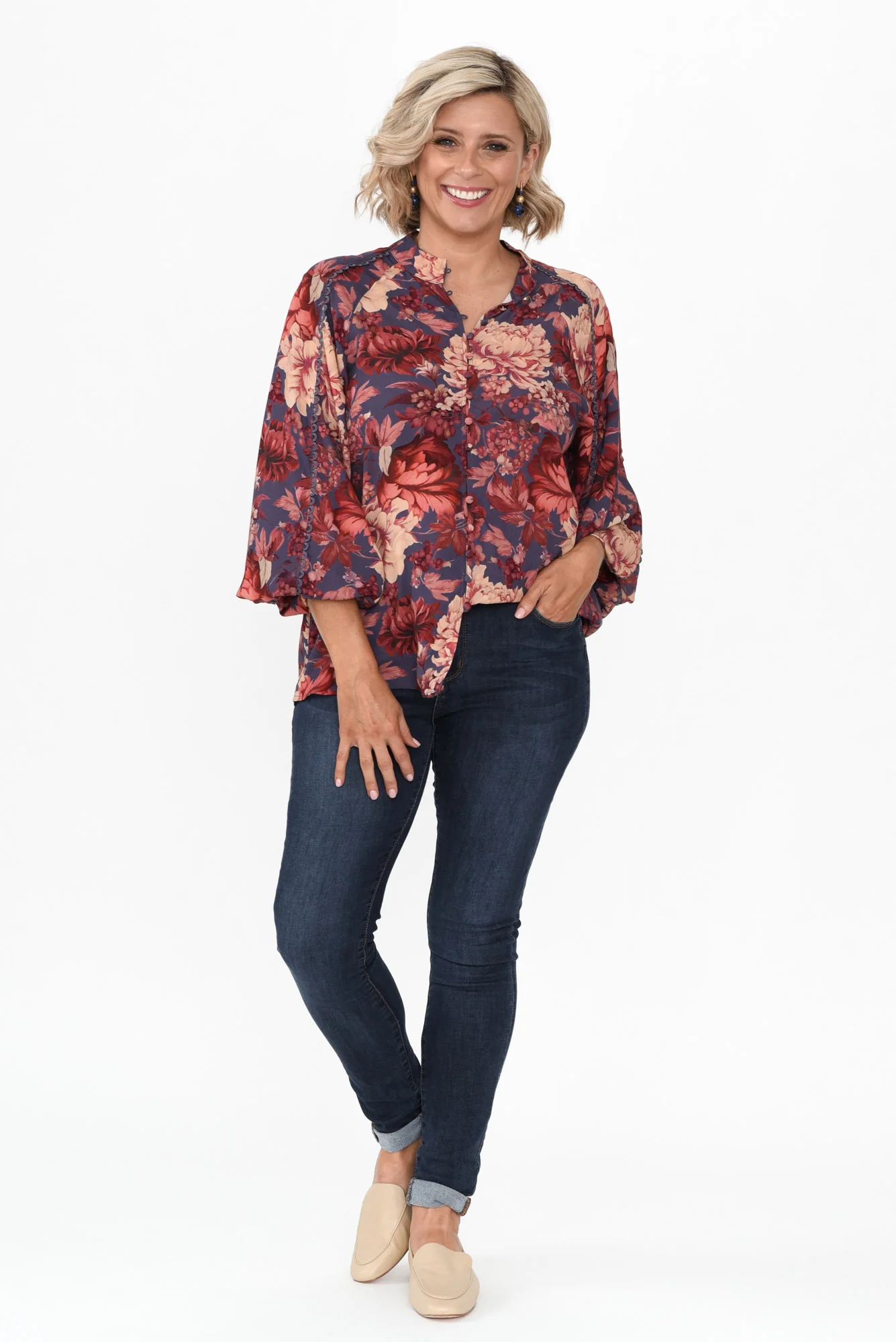 Berry Kiss Red Floral Linen Blend Blouse - Image 7