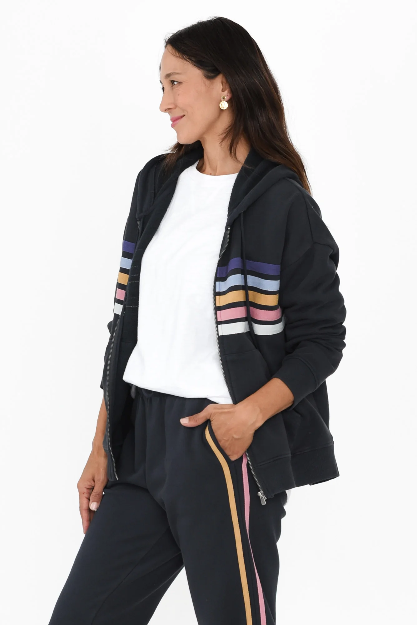 Cue Navy Stripe Zip Hooded Sweatshirt - Image 4