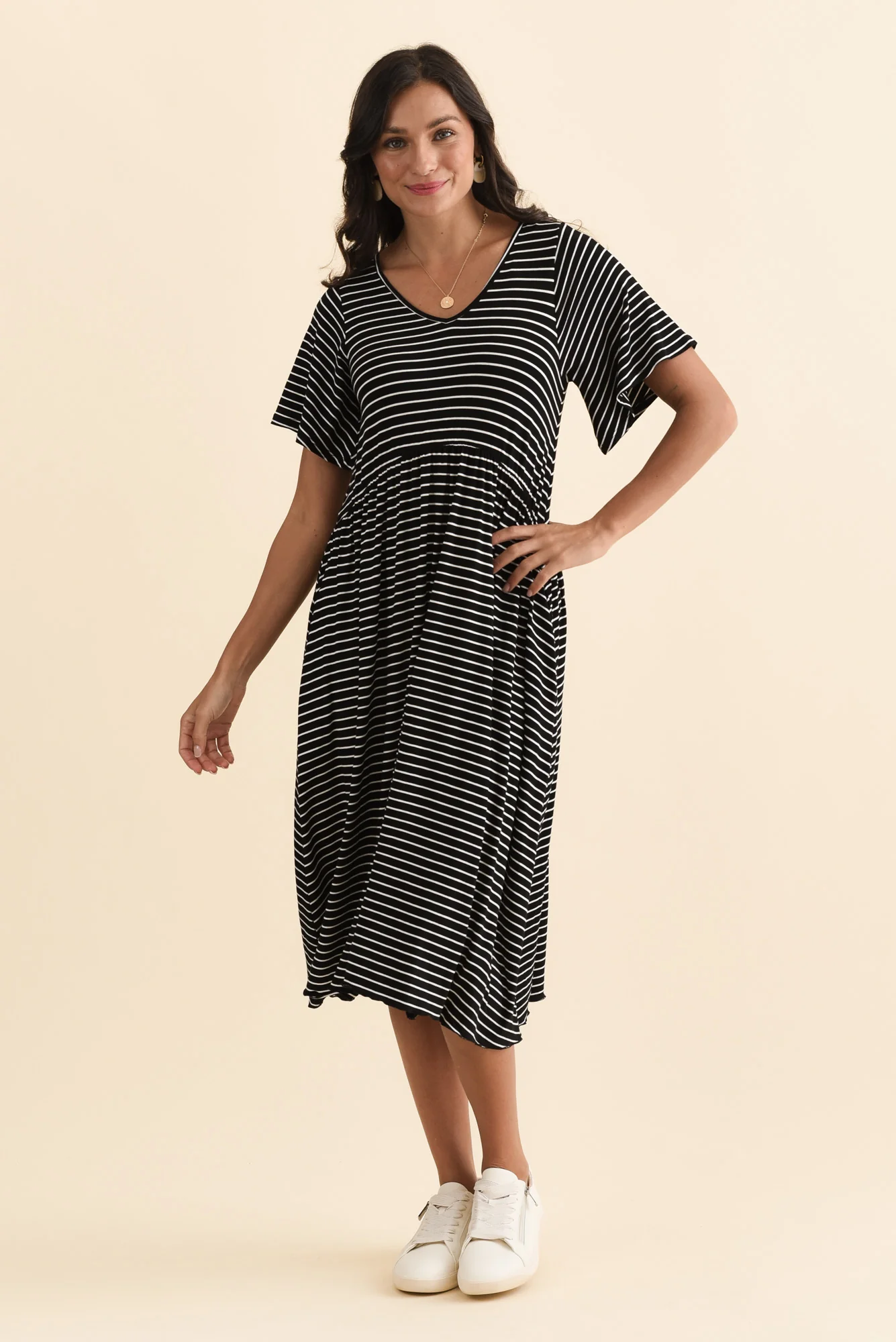 Donna Black Stripe Gathered Dress - Image 6
