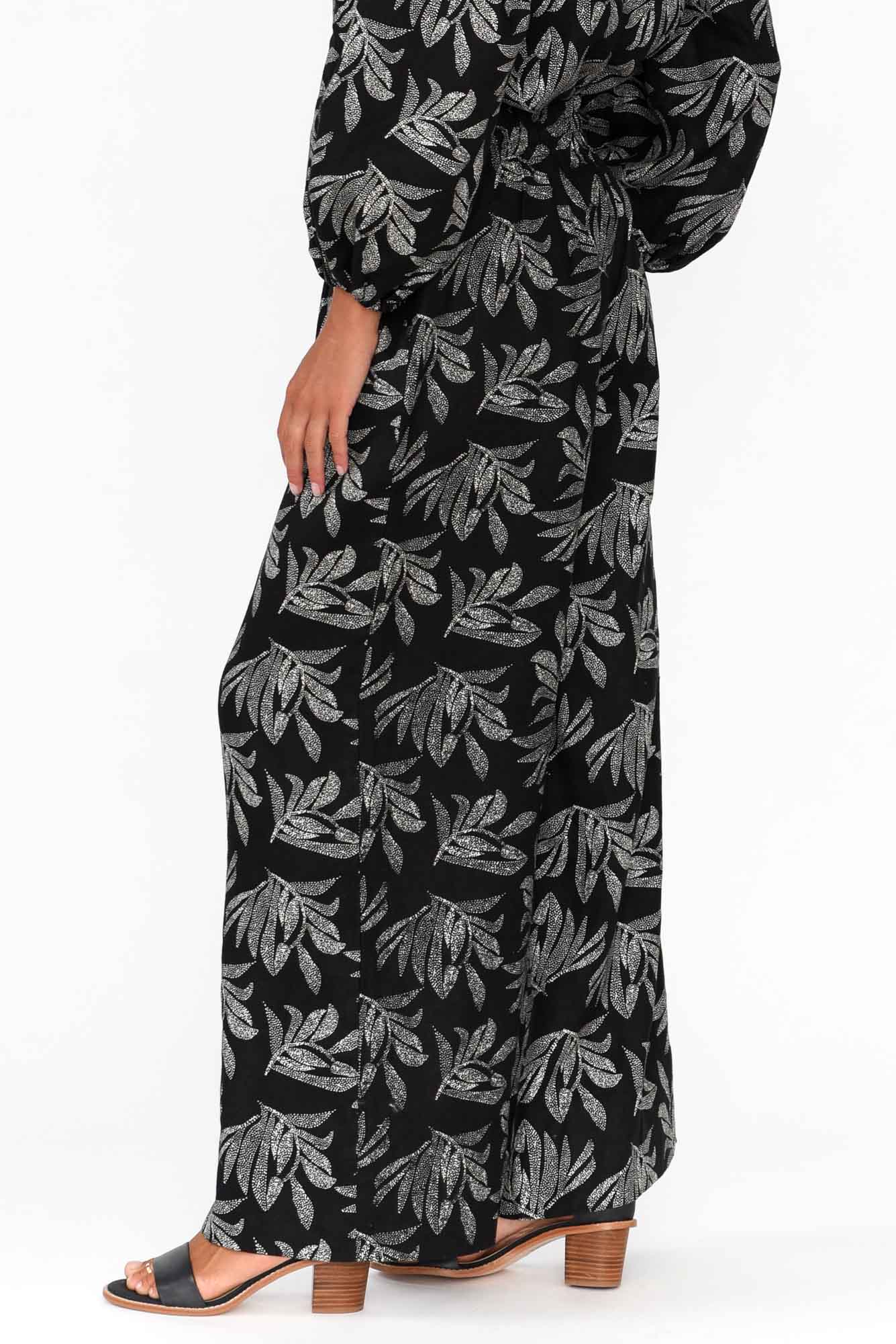Eleri Black Palm Linen Wide Leg Pants - Image 3