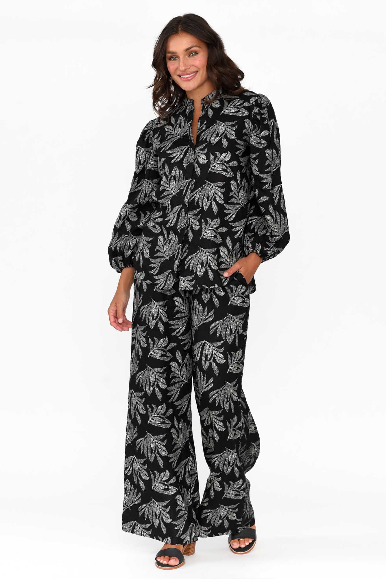 Eleri Black Palm Linen Wide Leg Pants - Image 6