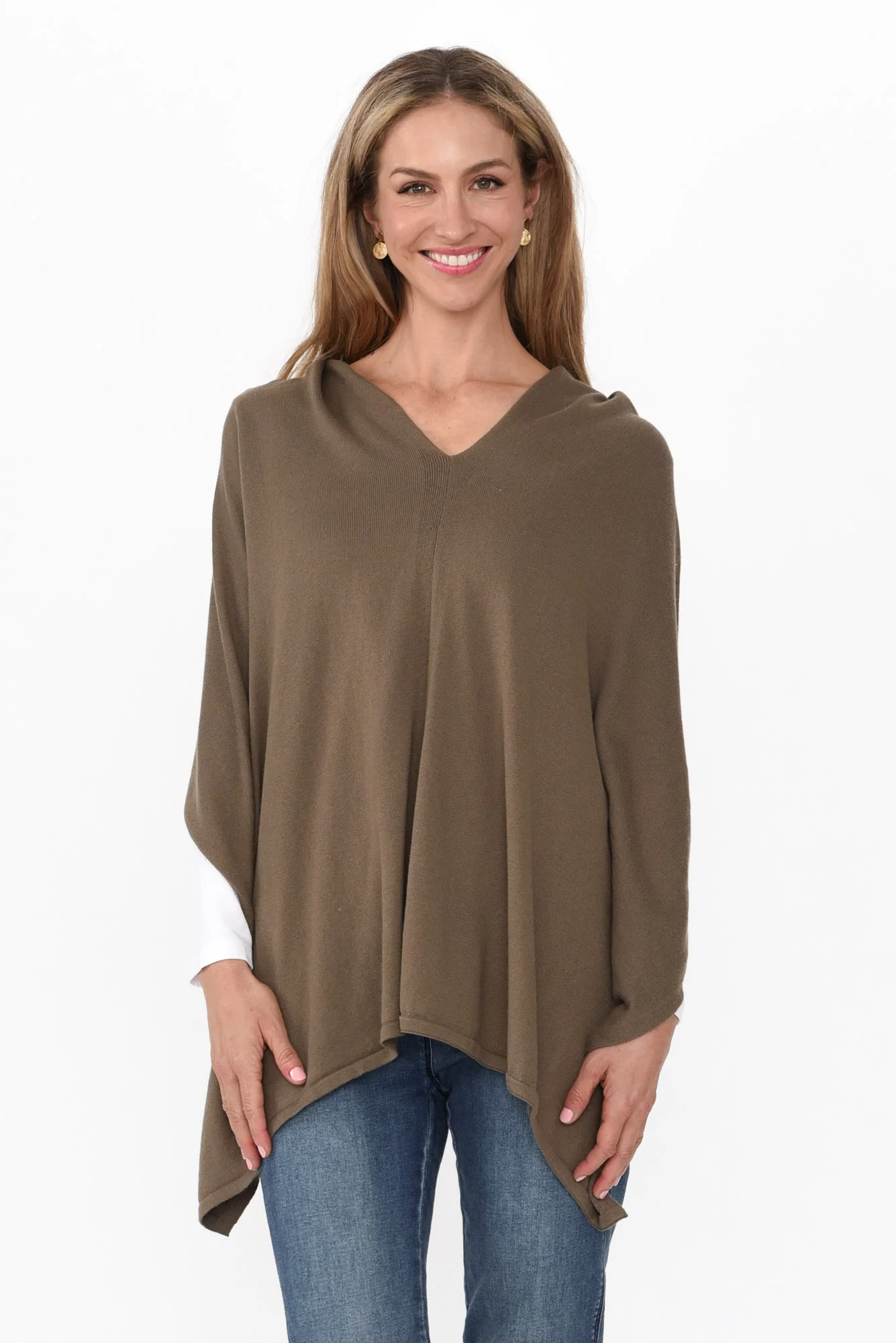 Elorie Khaki Cotton Cashmere Poncho - Image 3