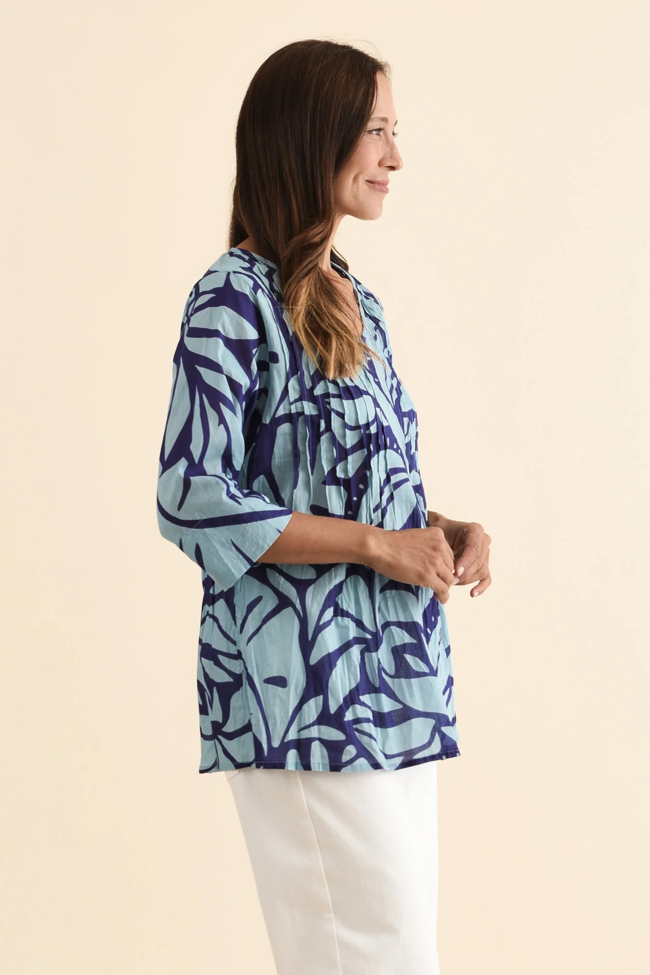 Fia Blue Botanical Sleeved Crinkle Cotton Top - Image 3