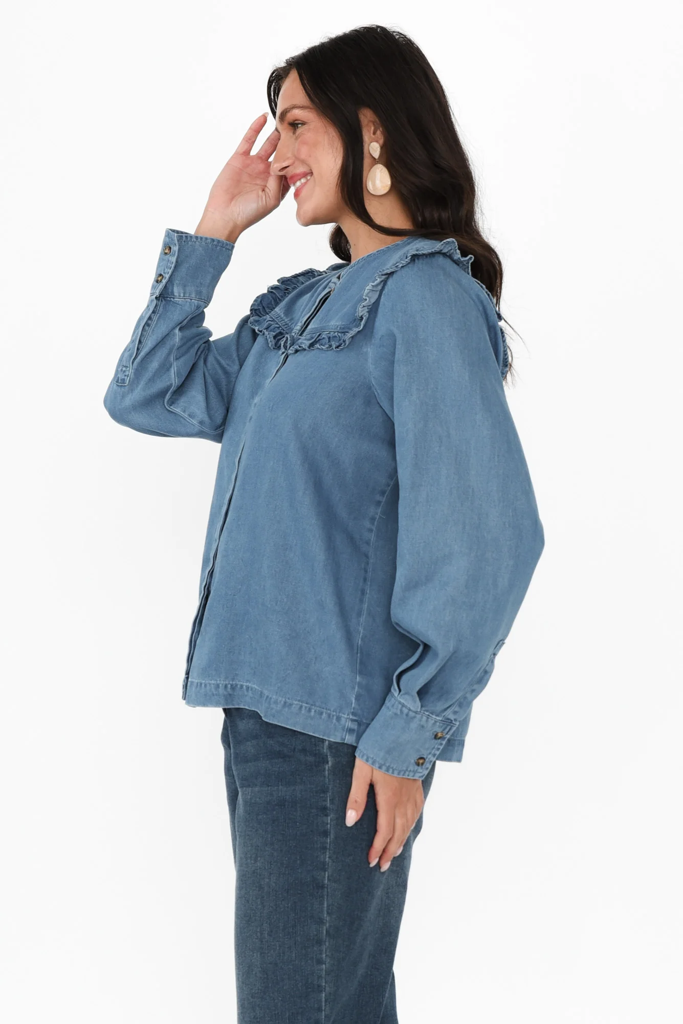 Frankie Blue Denim Frill Blouse - Image 3