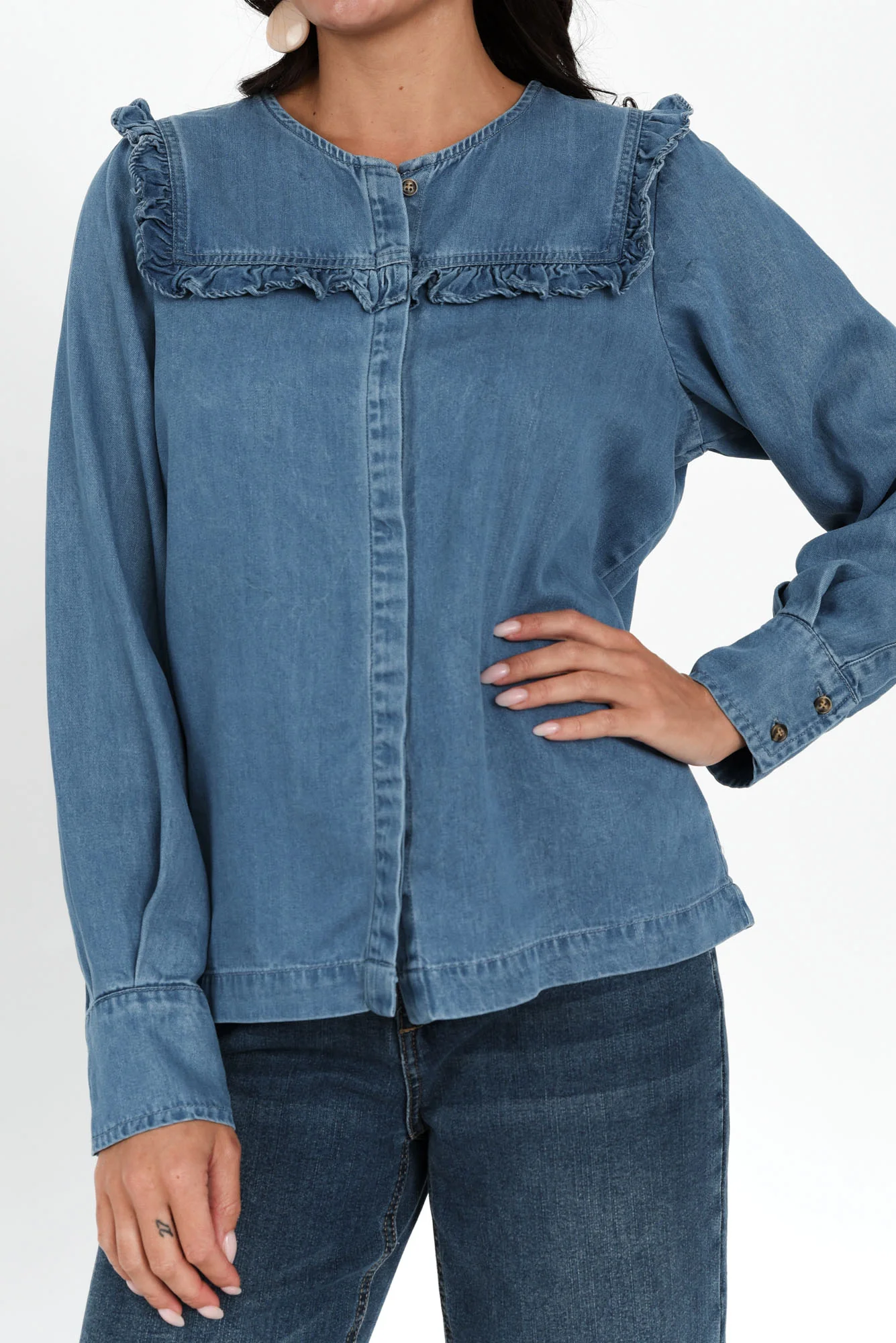 Frankie Blue Denim Frill Blouse - Image 5