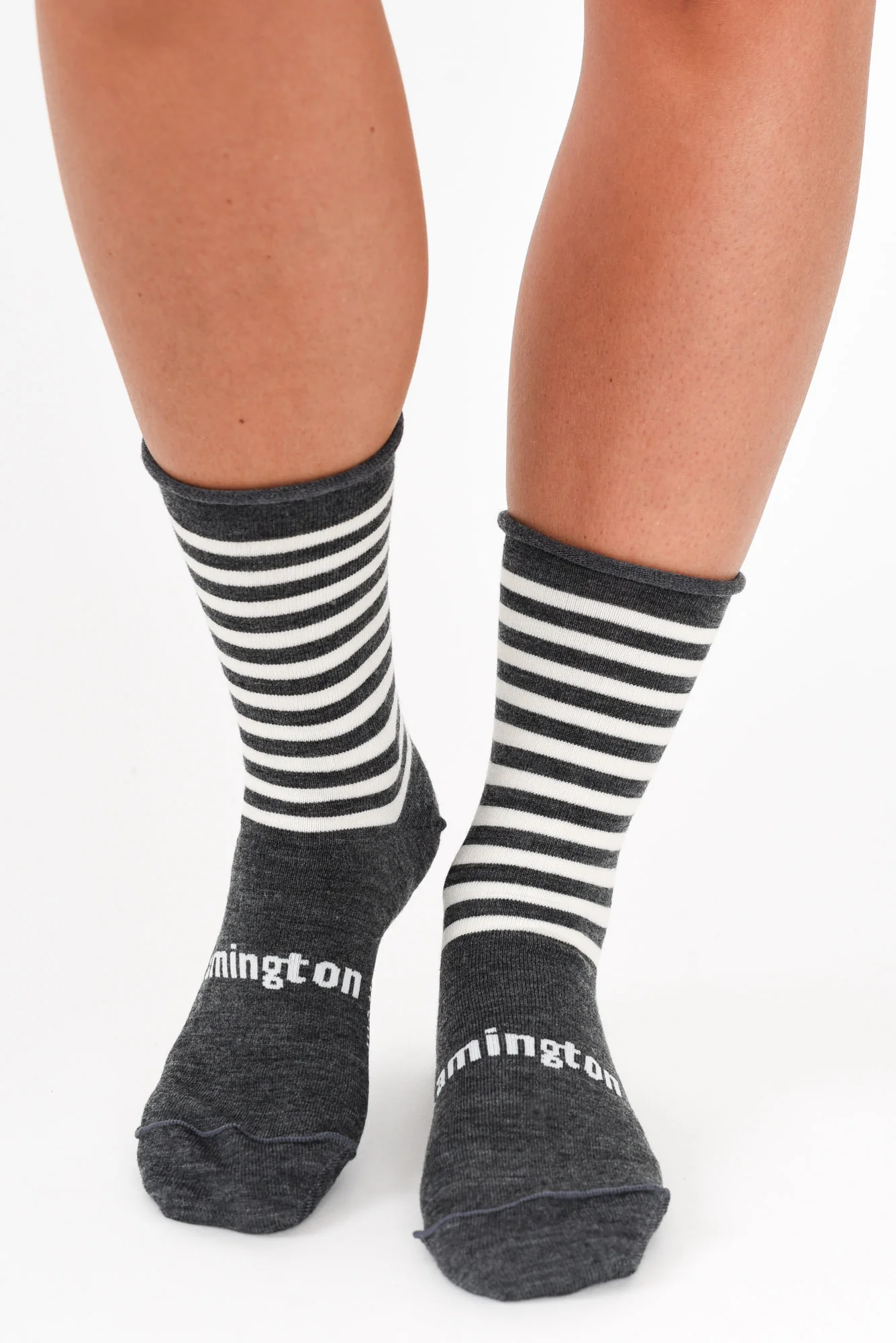 Grey Stripe Merino Wool Rolled Crew Socks - Image 3