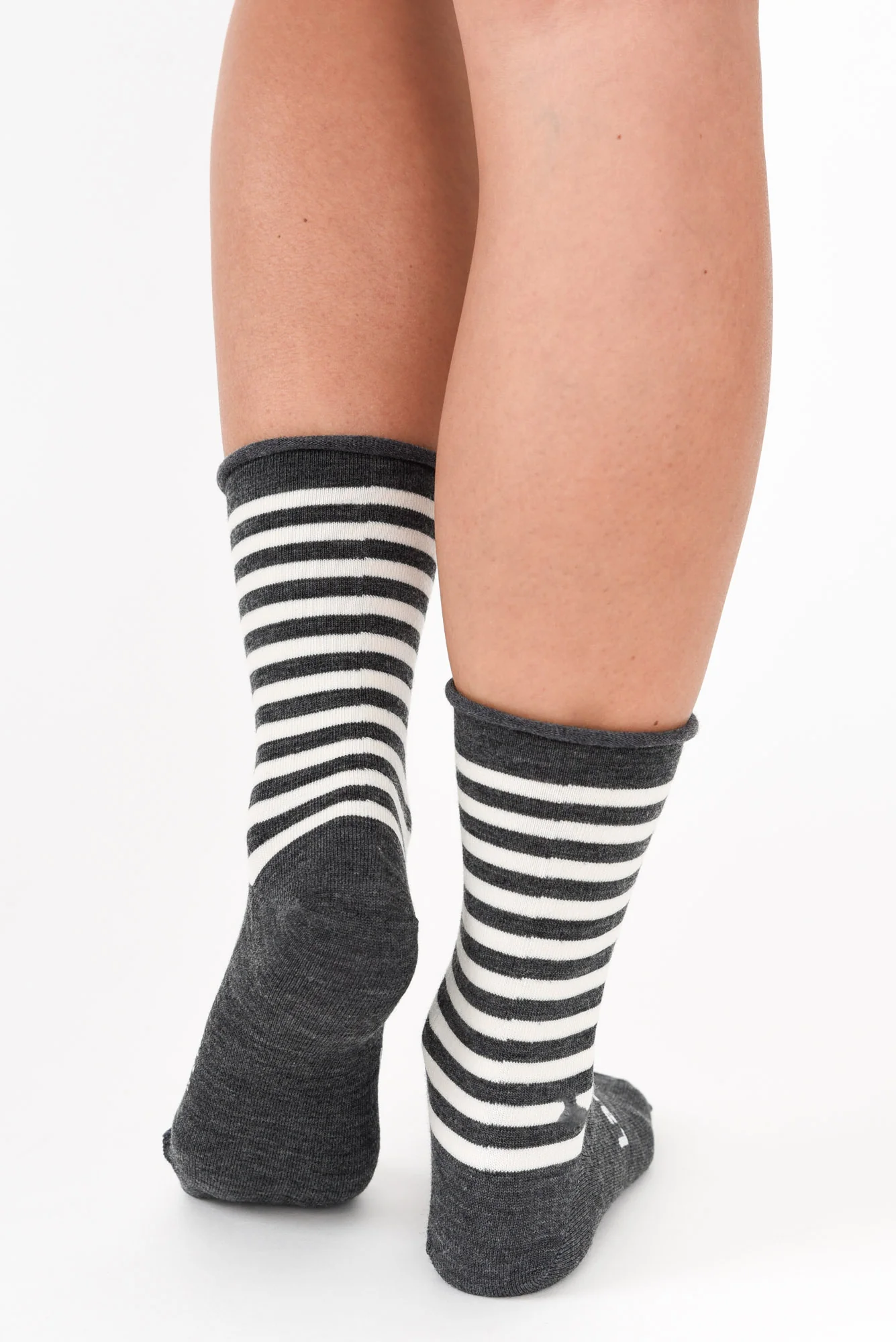 Grey Stripe Merino Wool Rolled Crew Socks - Image 4