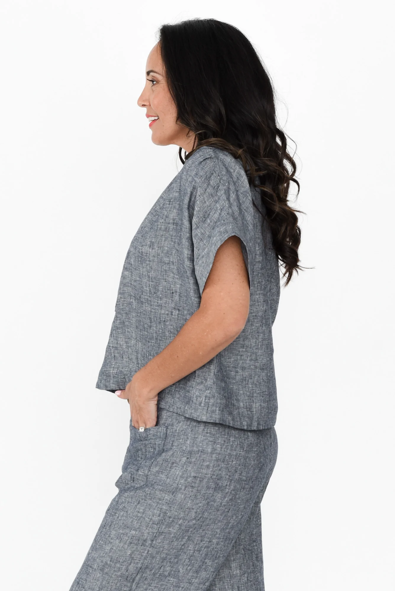 Joss Grey Linen V Neck Top - Image 3