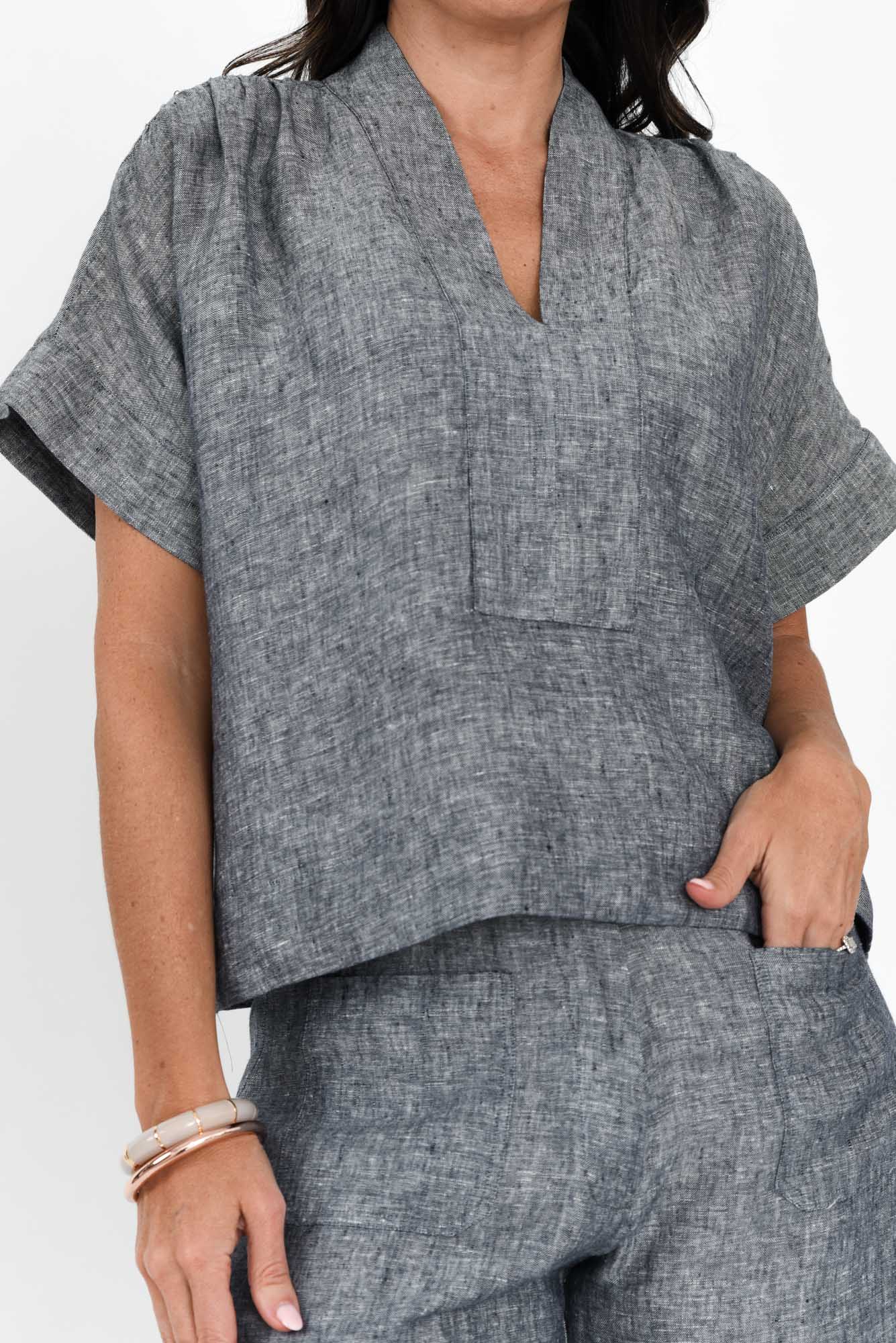 Joss Grey Linen V Neck Top - Image 5