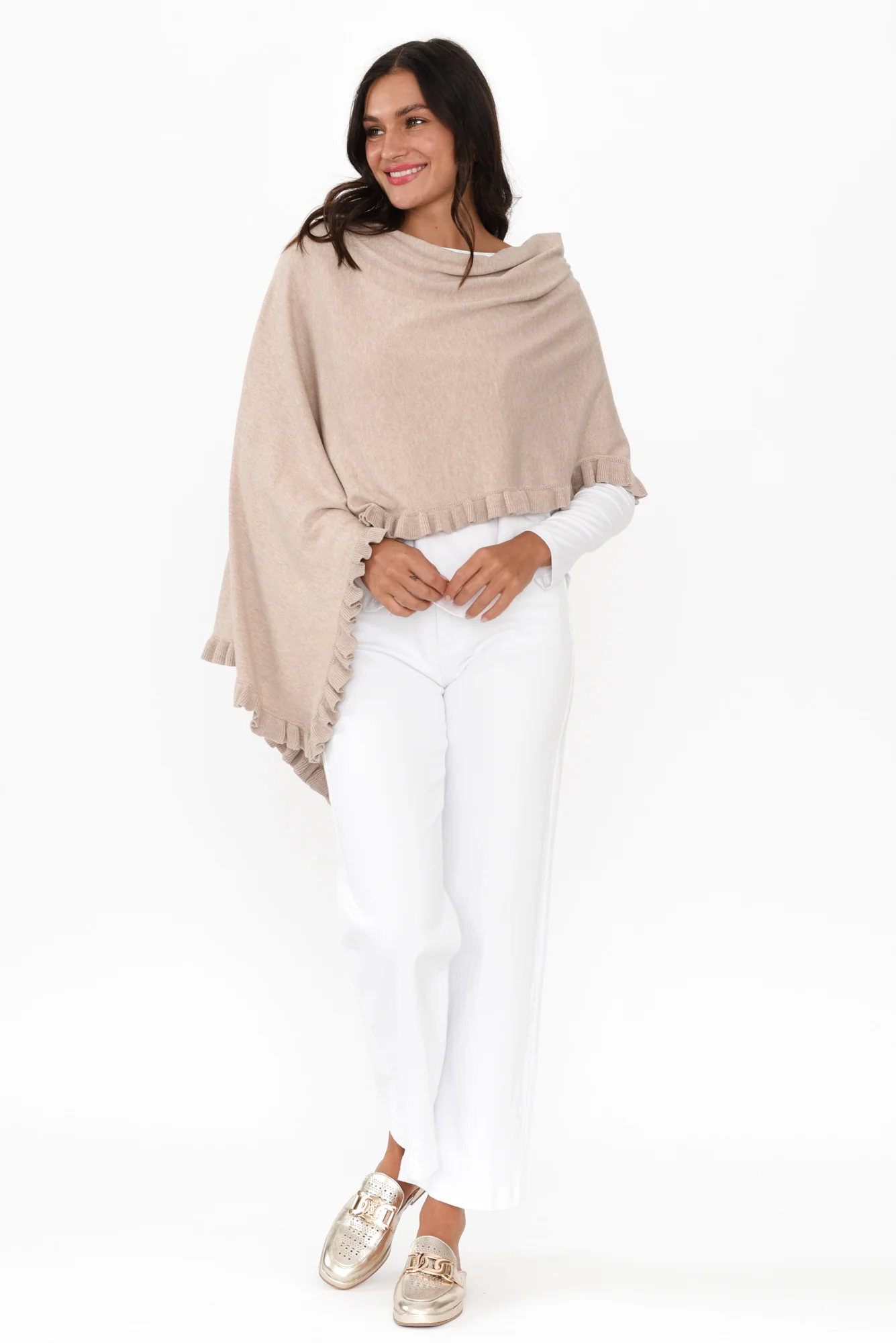 Juni Taupe Cotton Cashmere Ruffle Poncho - Image 3