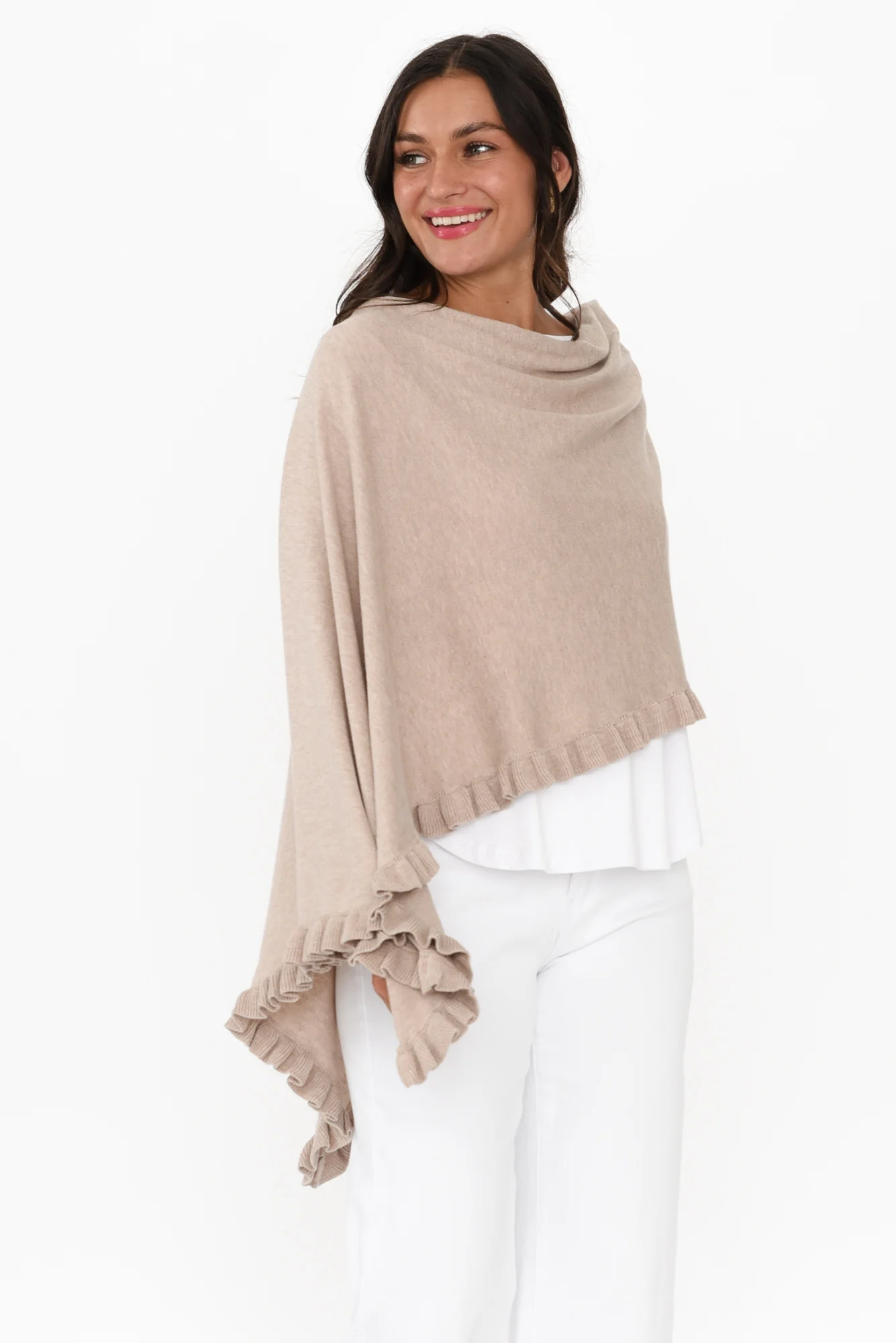 Juni Taupe Cotton Cashmere Ruffle Poncho - Image 4