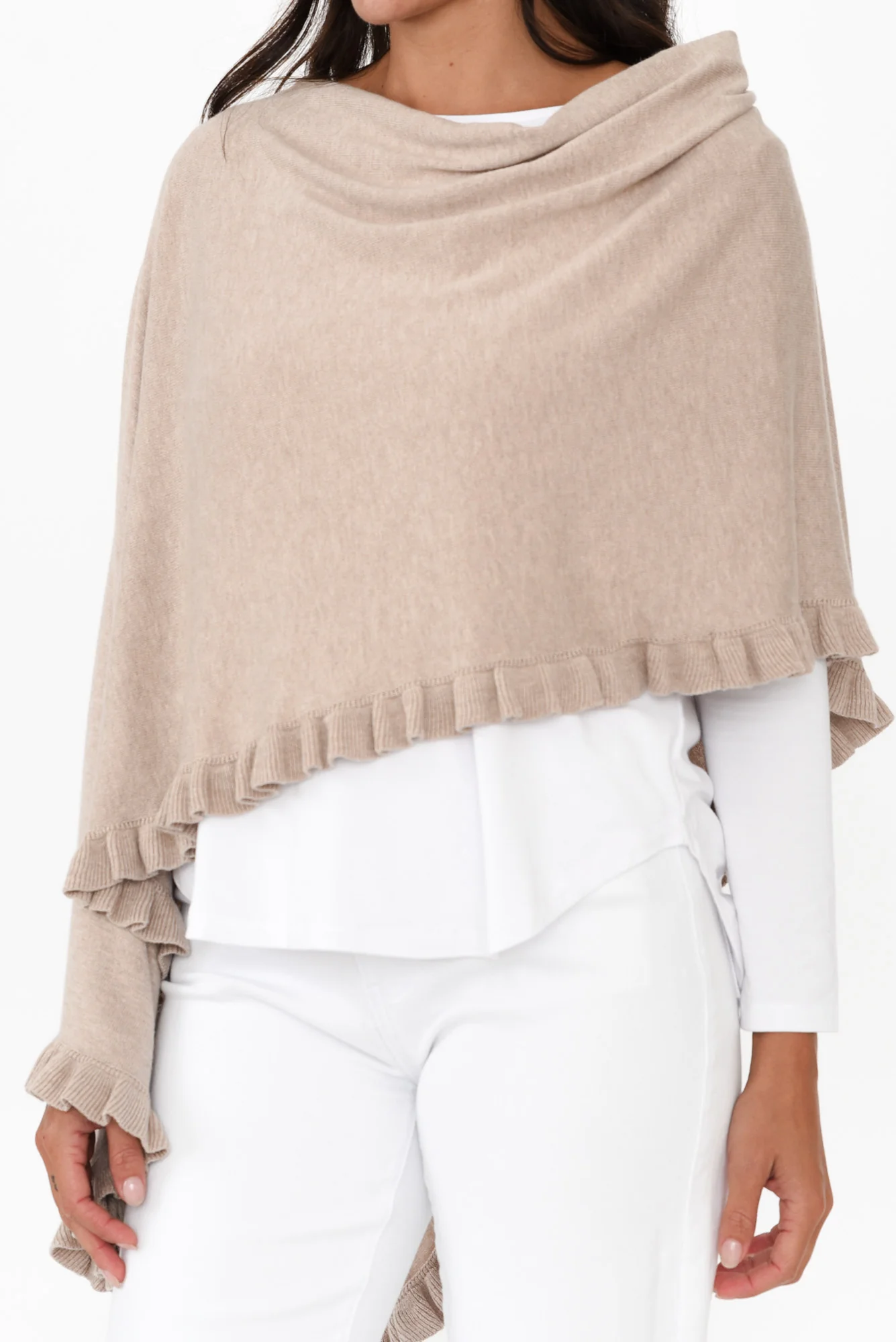 Juni Taupe Cotton Cashmere Ruffle Poncho - Image 6