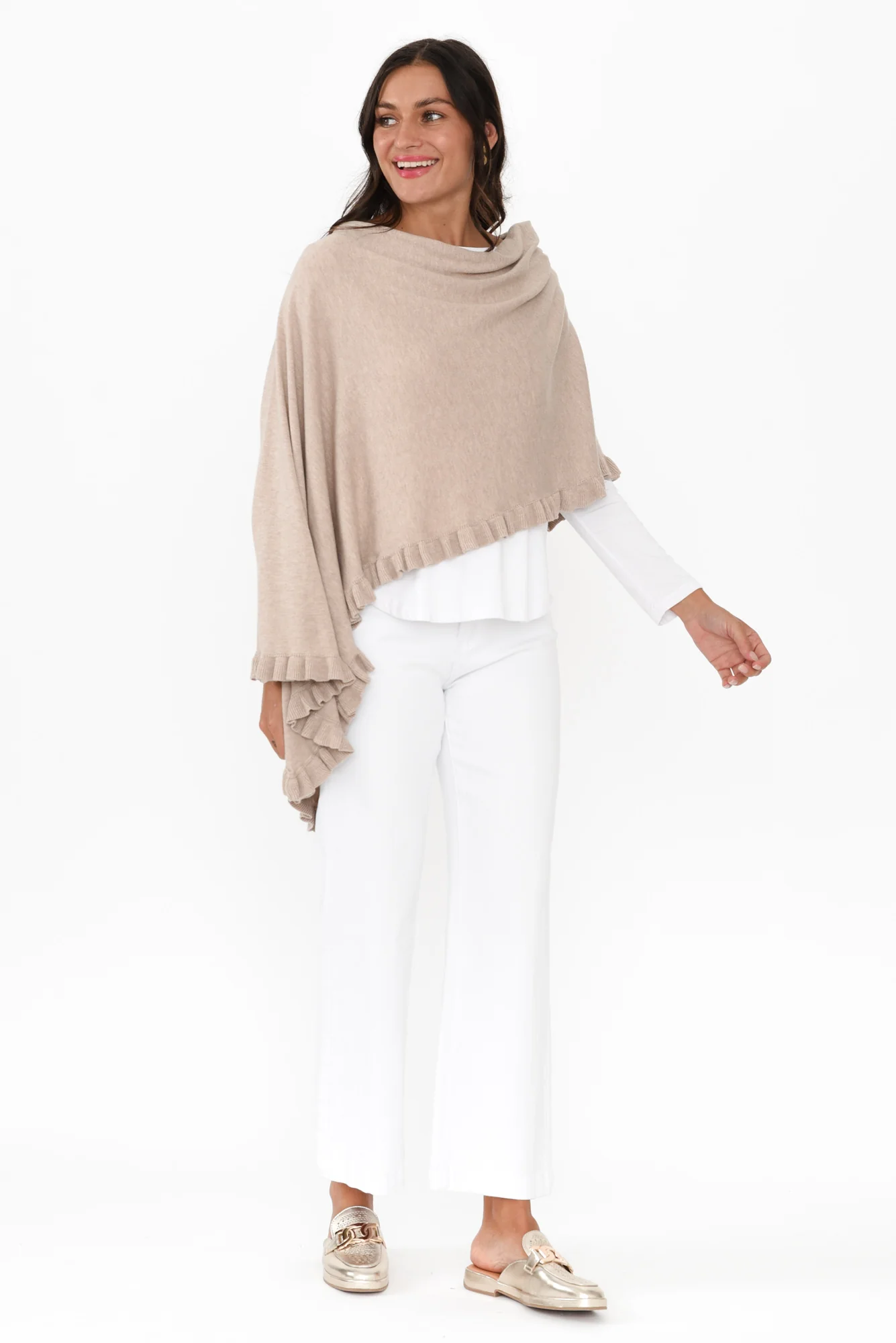 Juni Taupe Cotton Cashmere Ruffle Poncho - Image 7