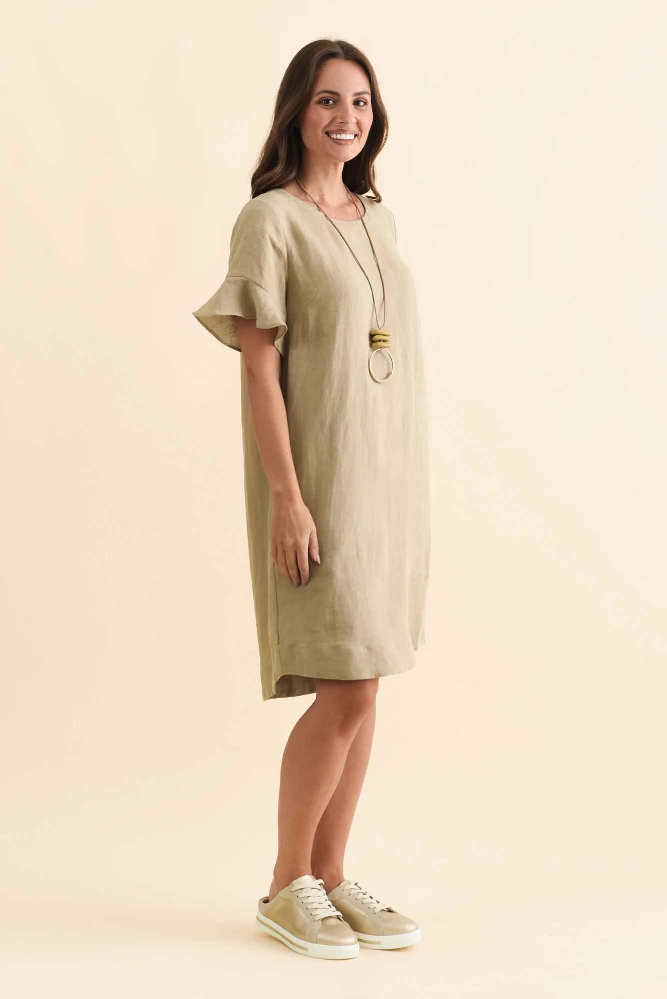Lesley Taupe Linen Flutter Sleeve Dress - Image 3