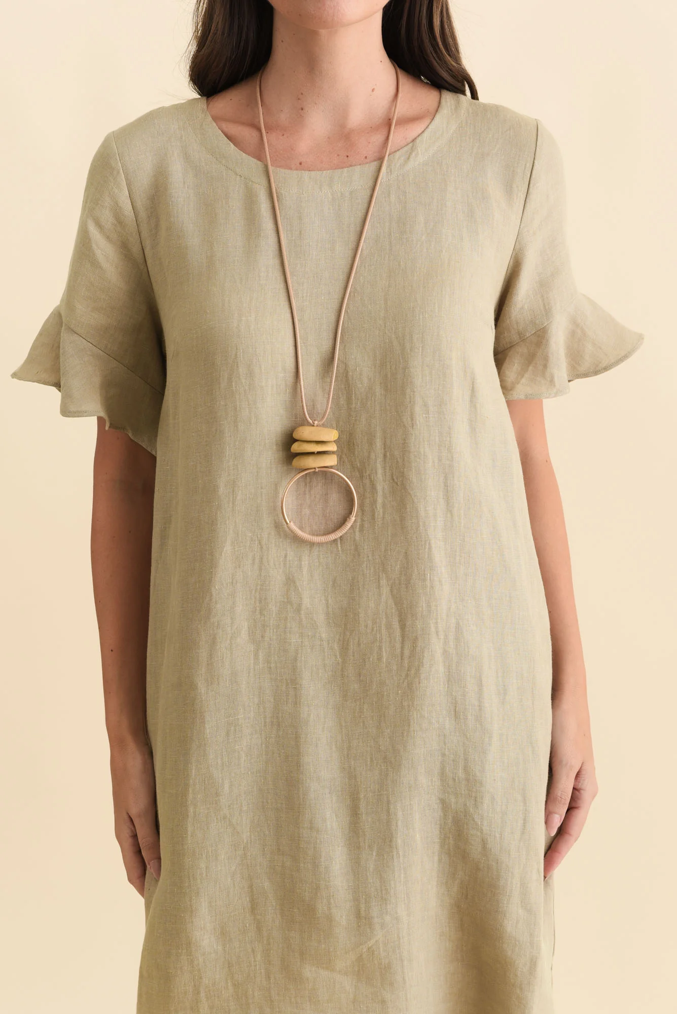 Lesley Taupe Linen Flutter Sleeve Dress - Image 5
