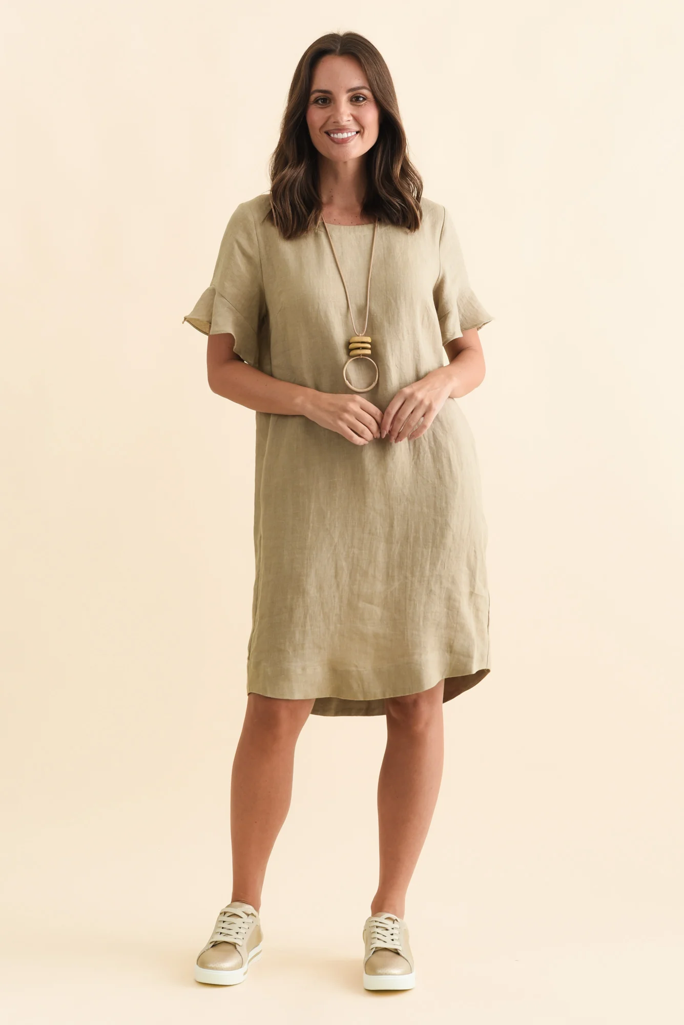 Lesley Taupe Linen Flutter Sleeve Dress - Image 6
