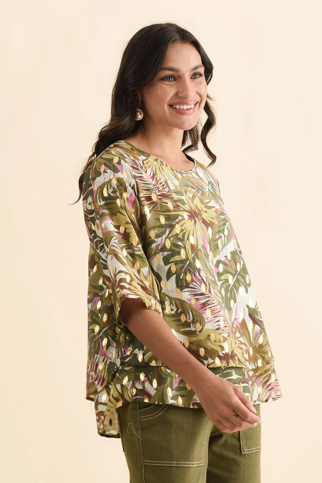 Liora Khaki Tropical Foil Layered Top - Image 3