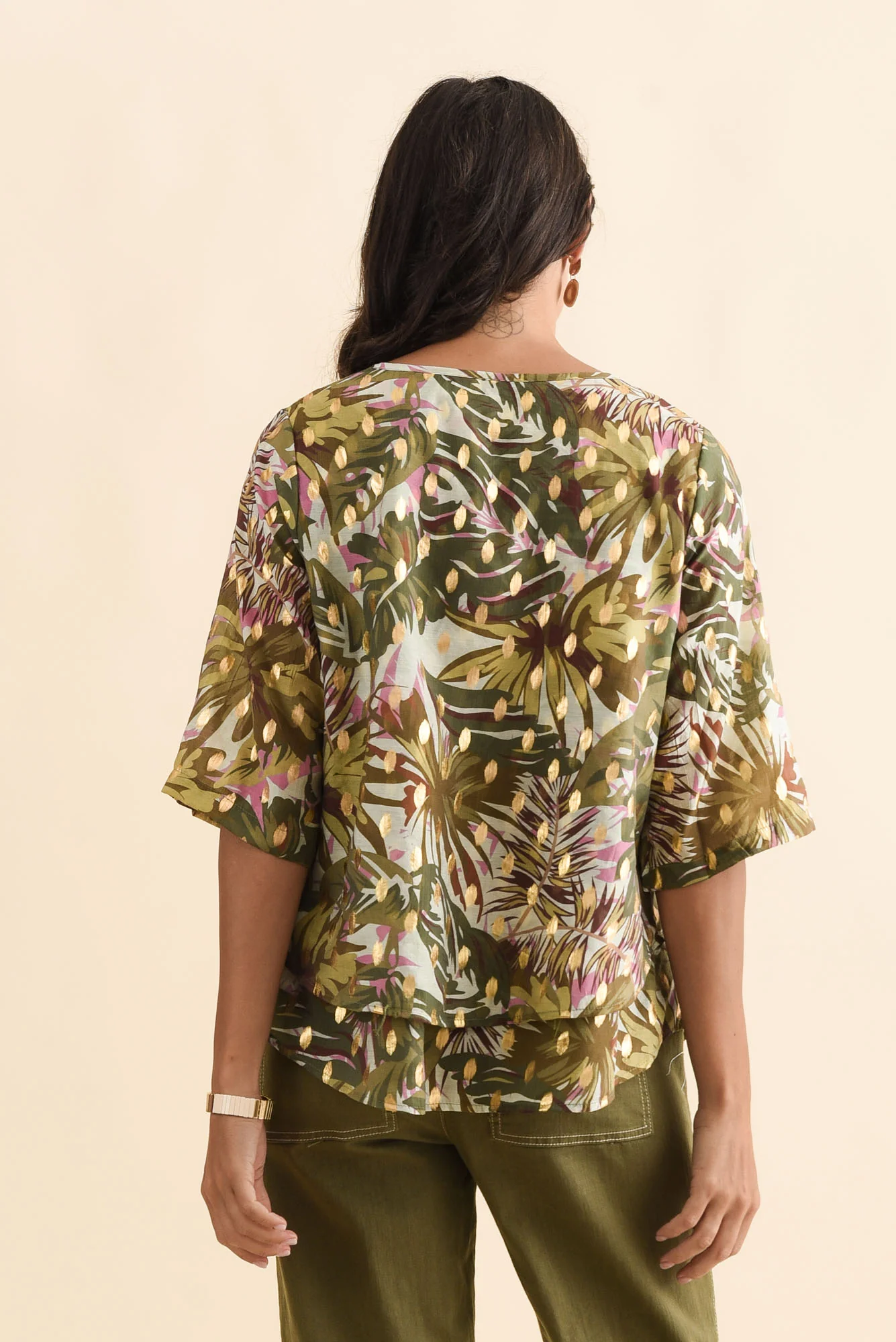 Liora Khaki Tropical Foil Layered Top - Image 4