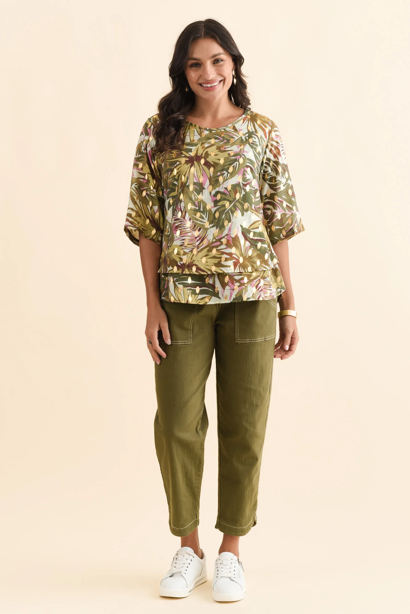 Liora Khaki Tropical Foil Layered Top - Image 6