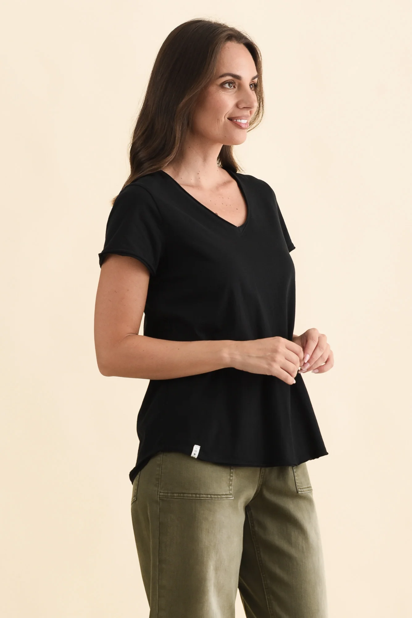 Maggie Black Cotton Vee Tee - Image 3