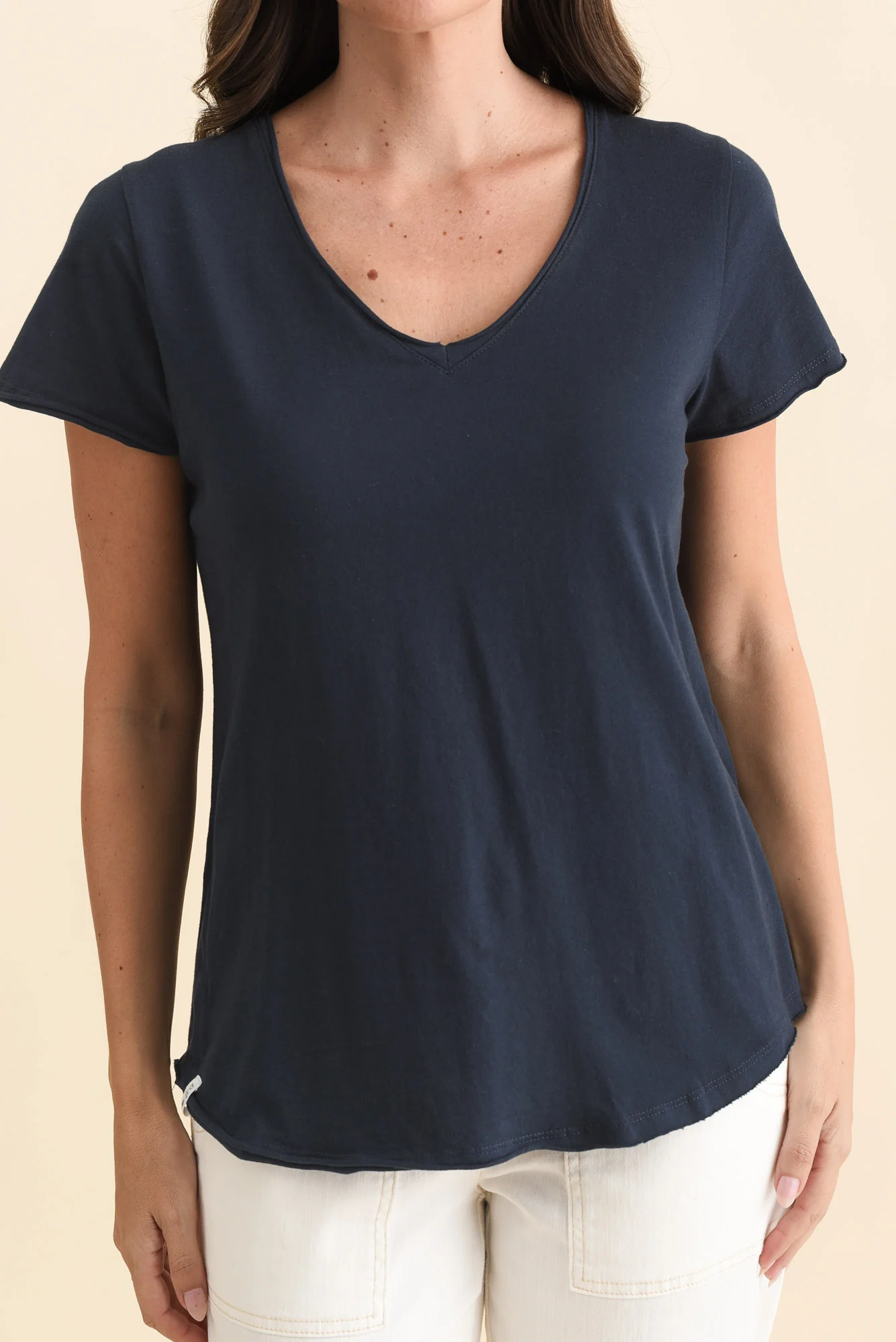 Maggie Navy Cotton Vee Tee - Image 5