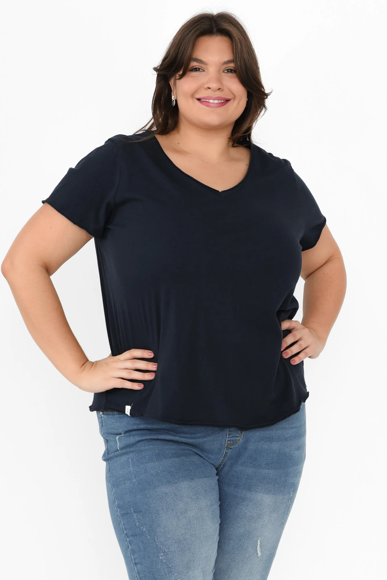 Maggie Navy Cotton Vee Tee - Image 7