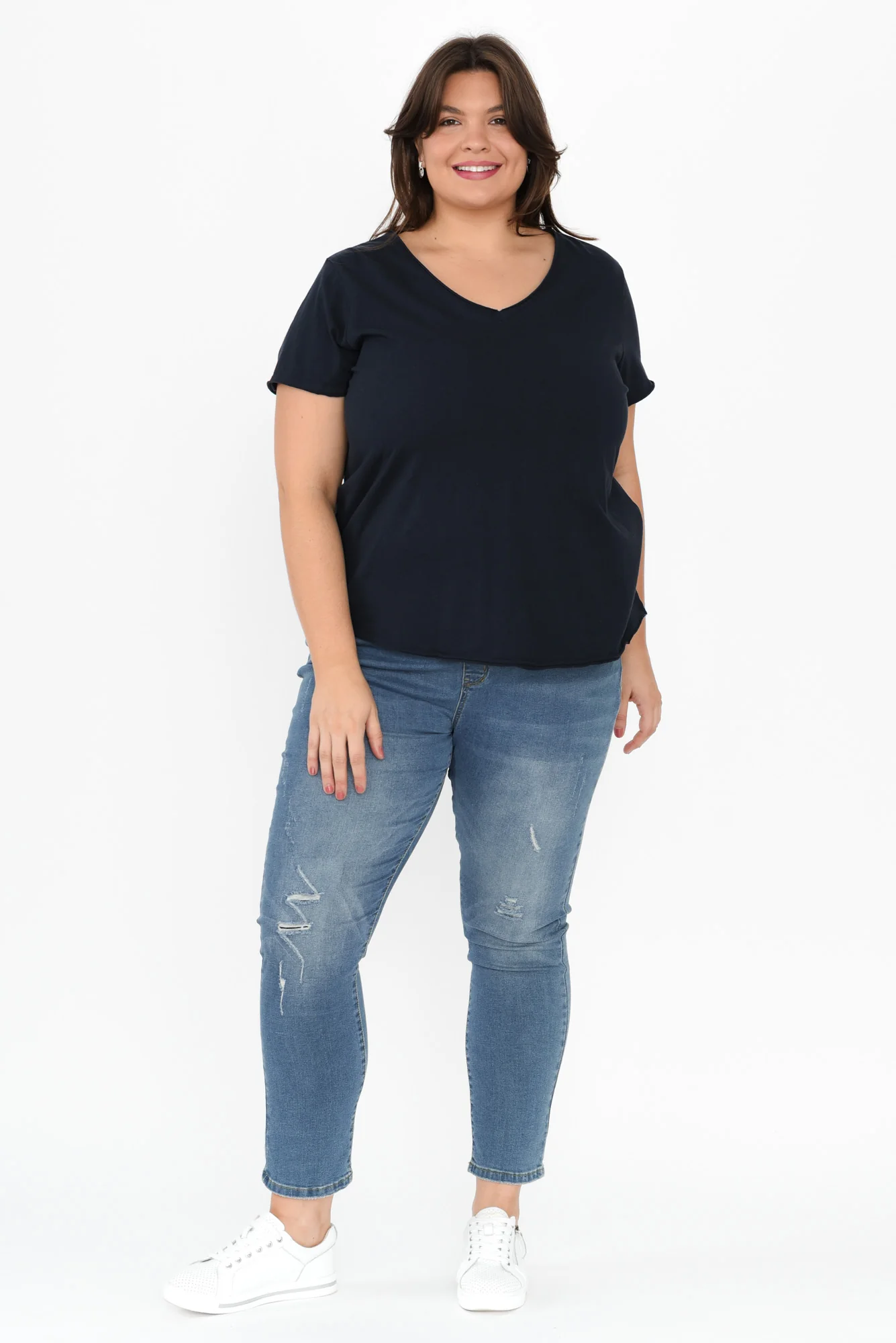 Maggie Navy Cotton Vee Tee - Image 8