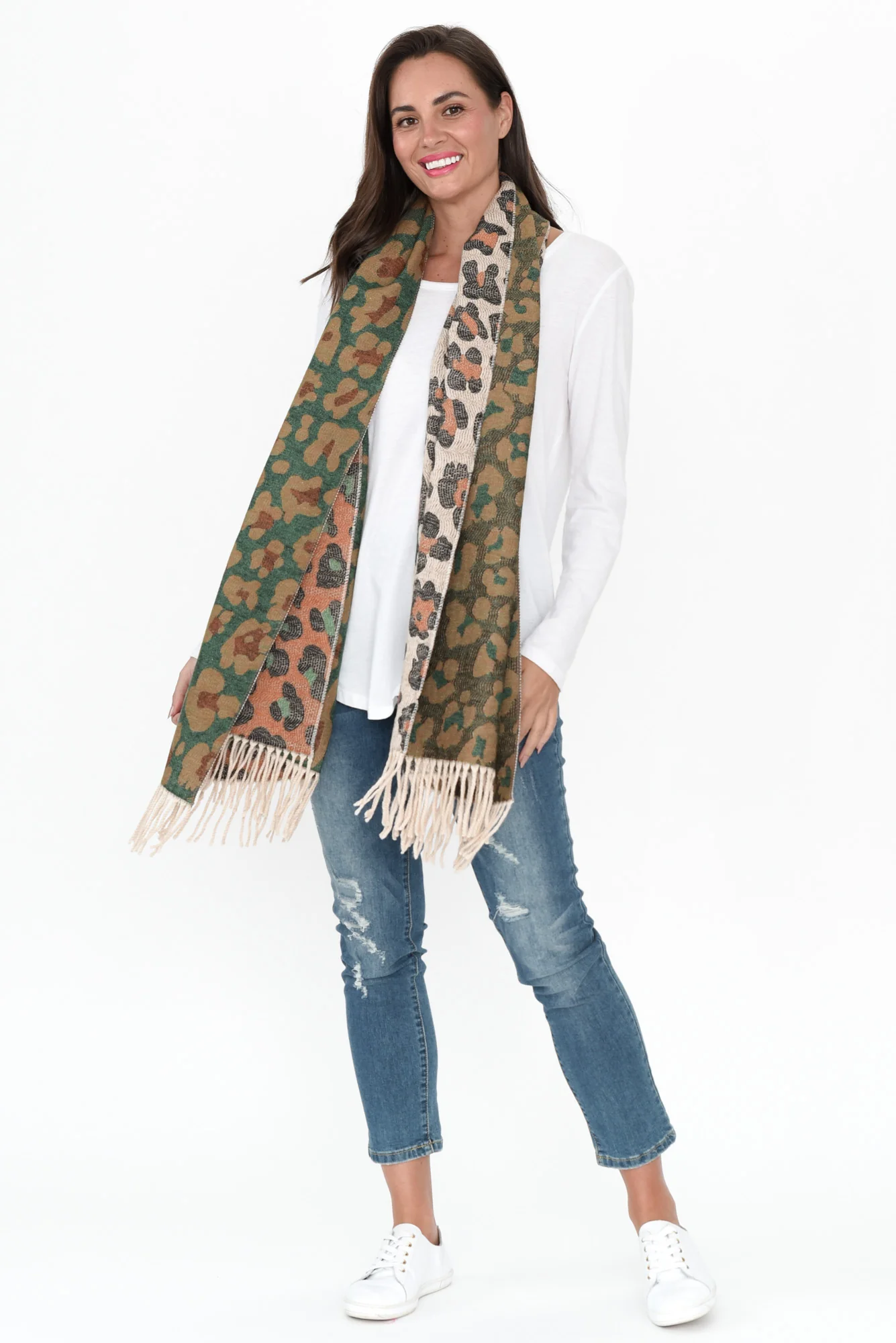 Marwa Orange Leopard Tassel Scarf - Image 3