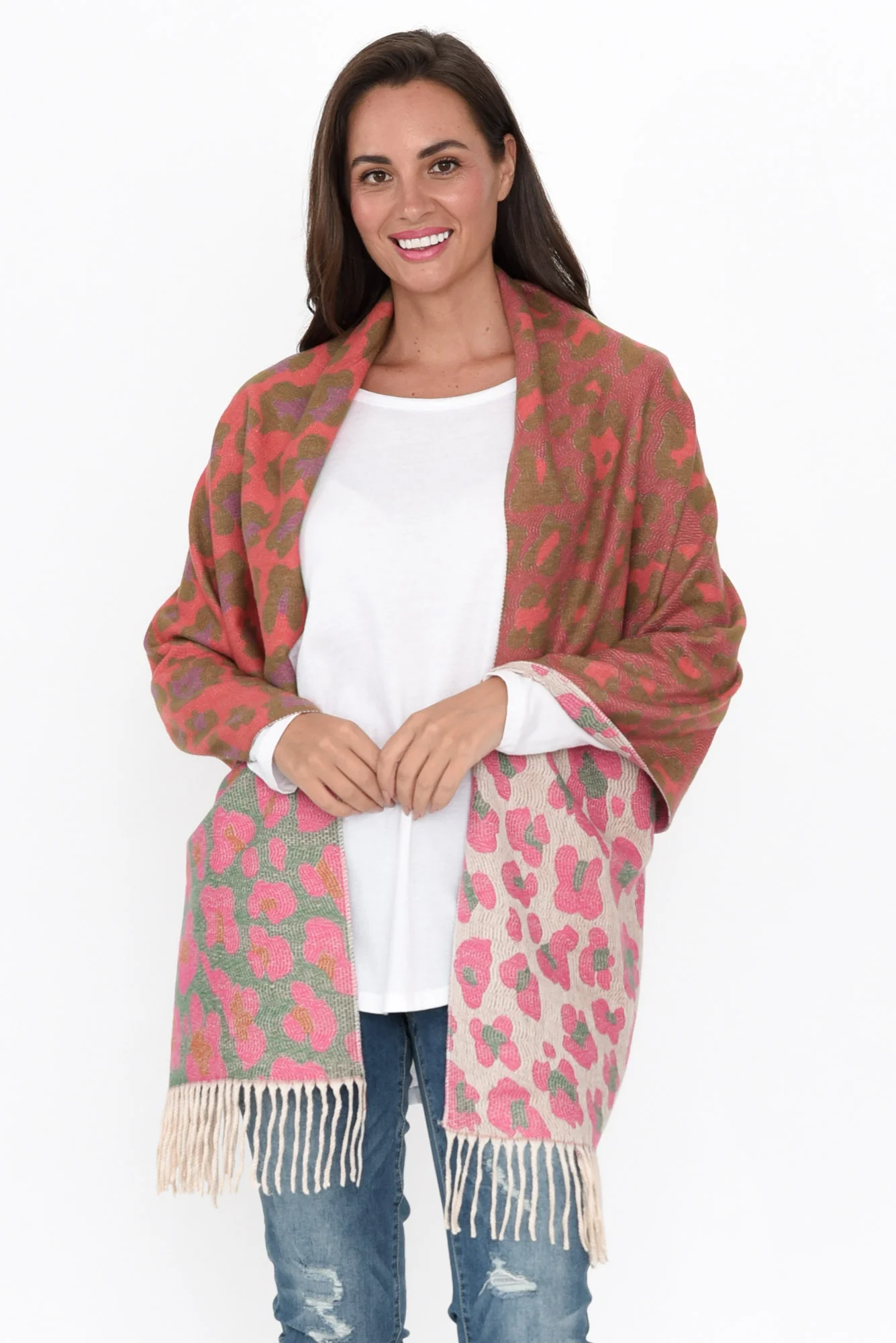 Marwa Pink Leopard Tassel Scarf - Image 3