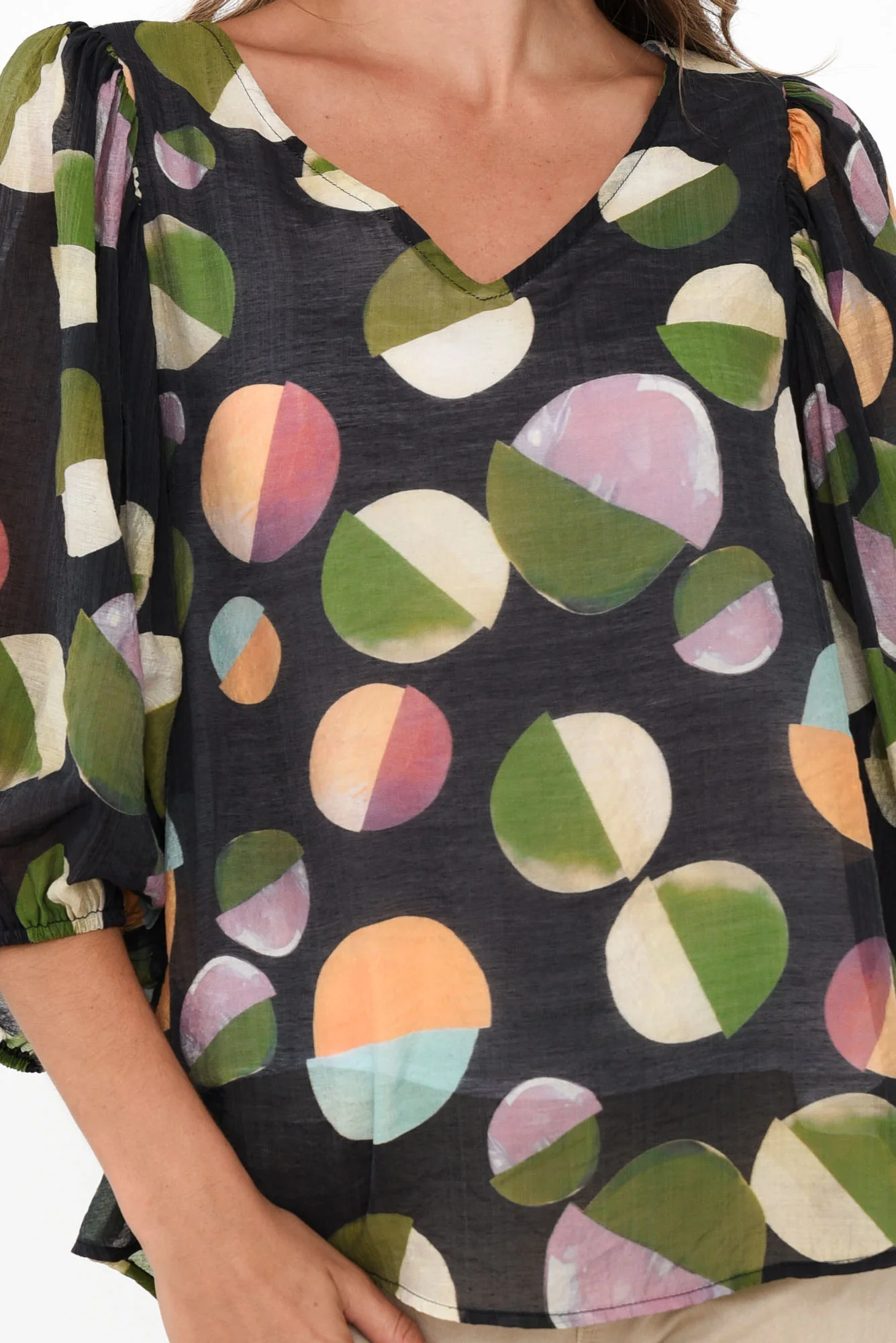 Misma Navy Spot V Neck Top - Image 4