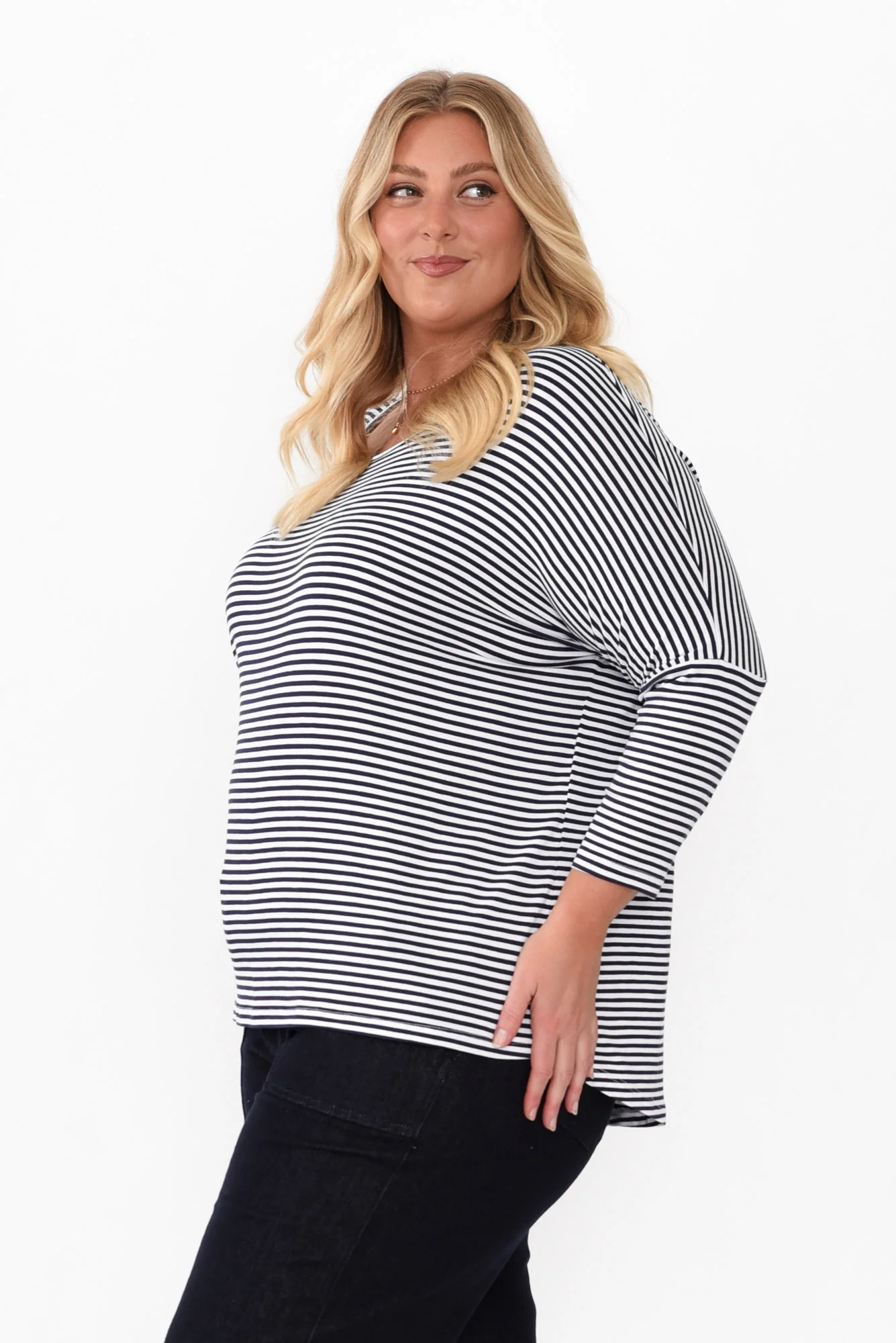 Navy and White Stripe Milan 3/4 Sleeve Top - Image 10