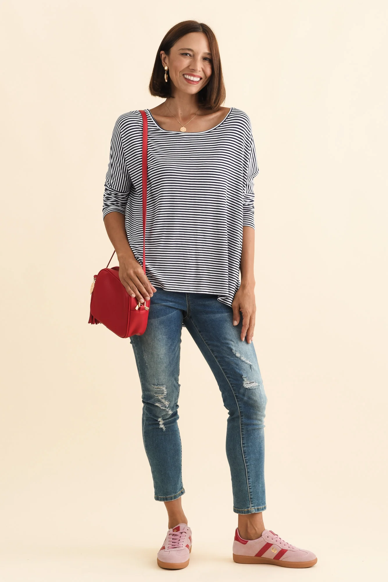 Navy and White Stripe Milan 3/4 Sleeve Top - Image 3