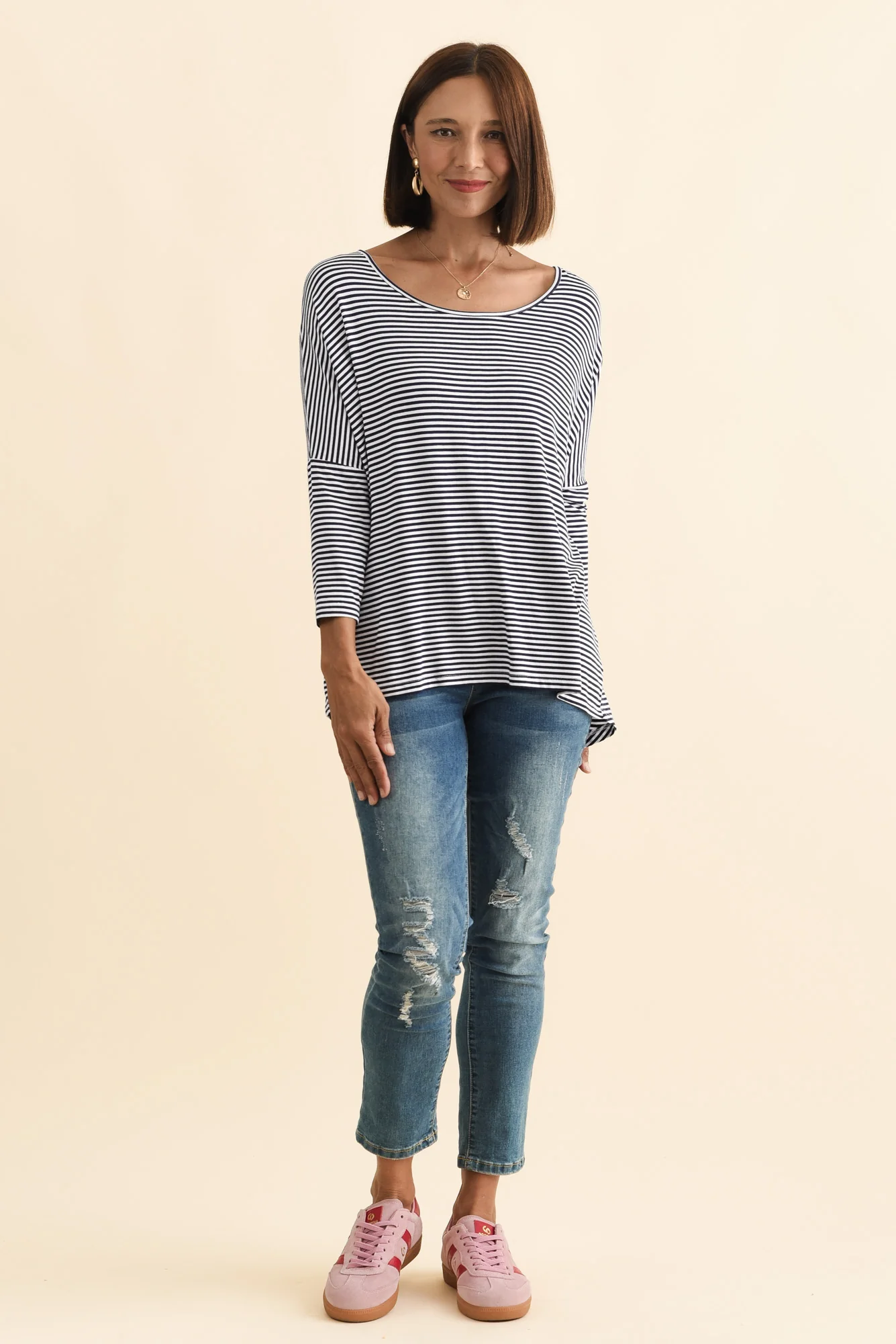 Navy and White Stripe Milan 3/4 Sleeve Top - Image 7