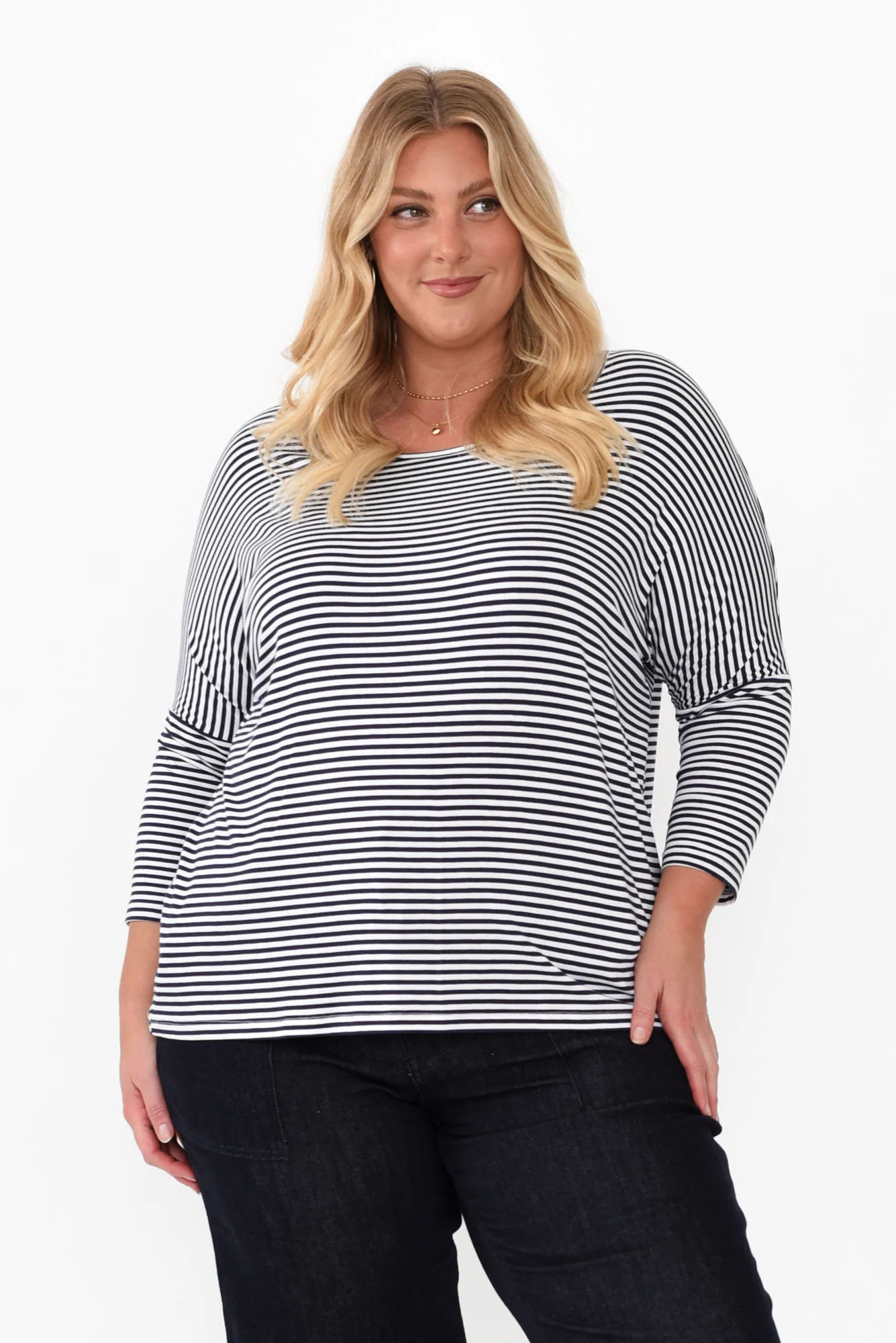 Navy and White Stripe Milan 3/4 Sleeve Top - Image 8