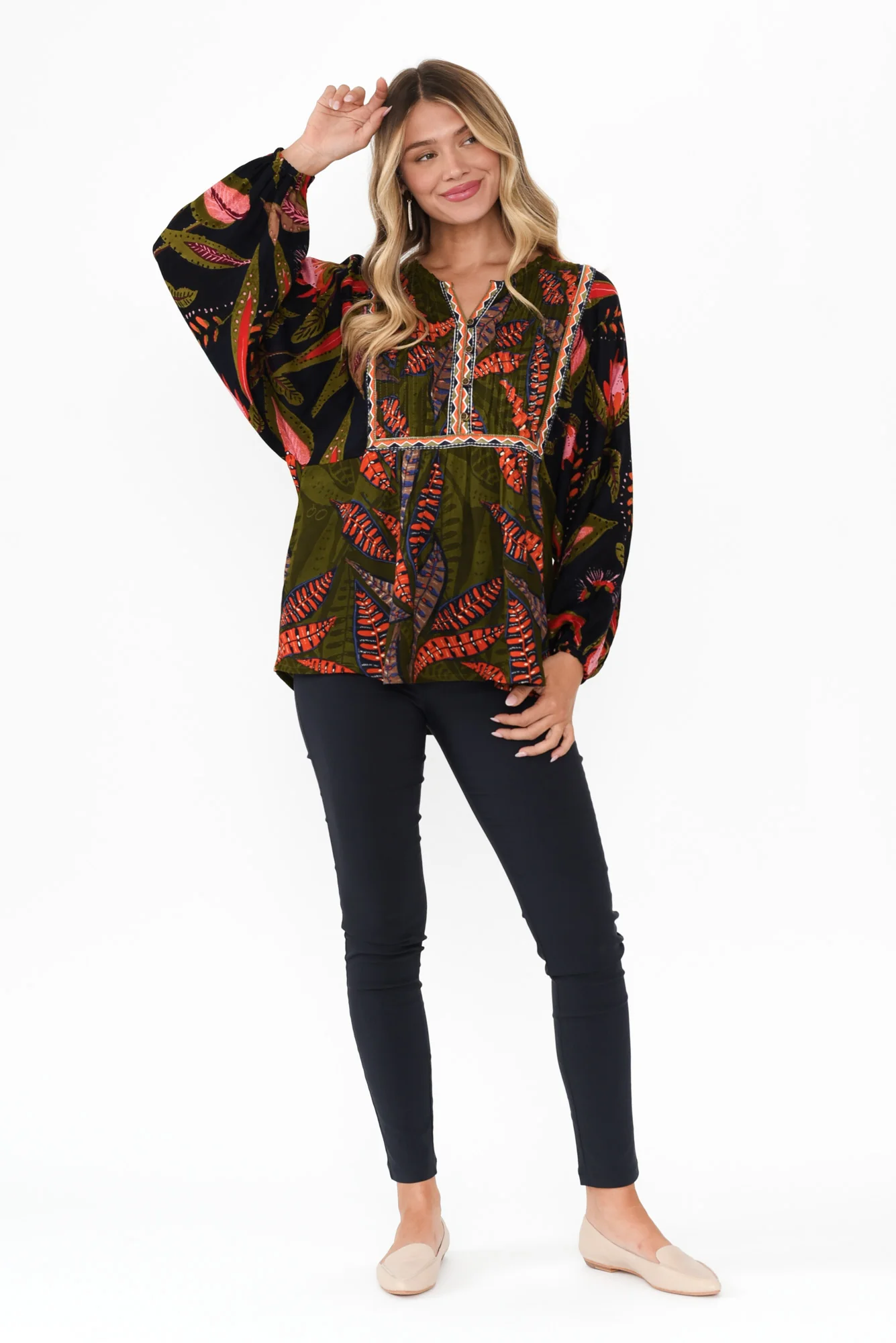 Potenza Green Leaf Puff Sleeve Blouse - Image 3