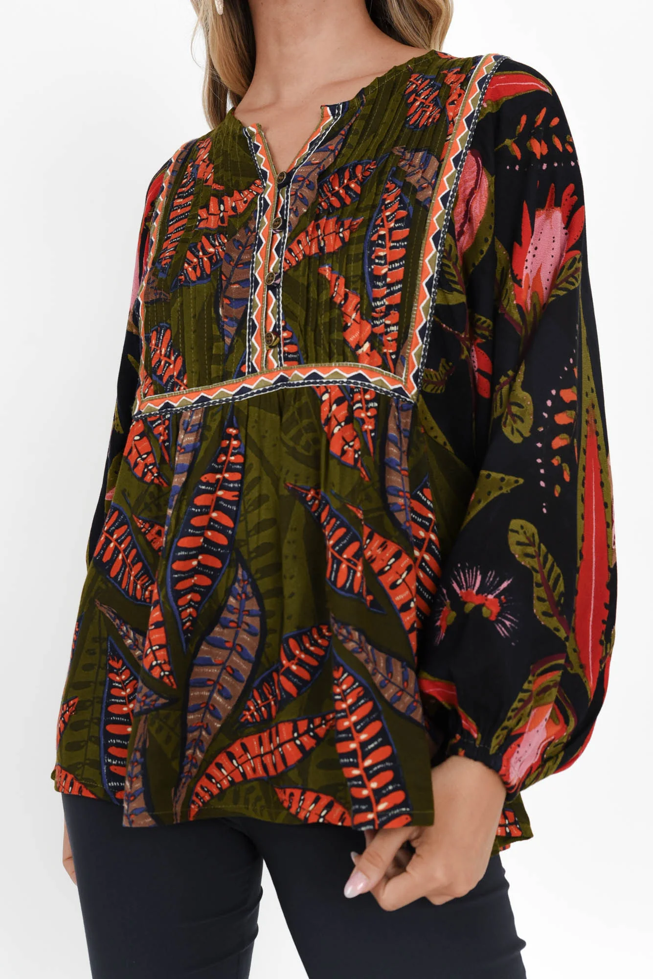 Potenza Green Leaf Puff Sleeve Blouse - Image 6