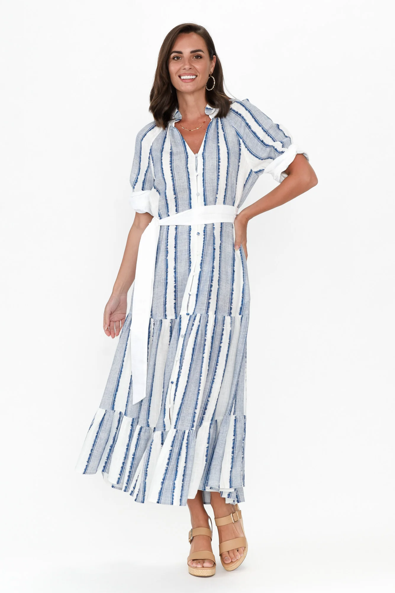 Scala Blue Stripe Linen Blend Dress - Image 6